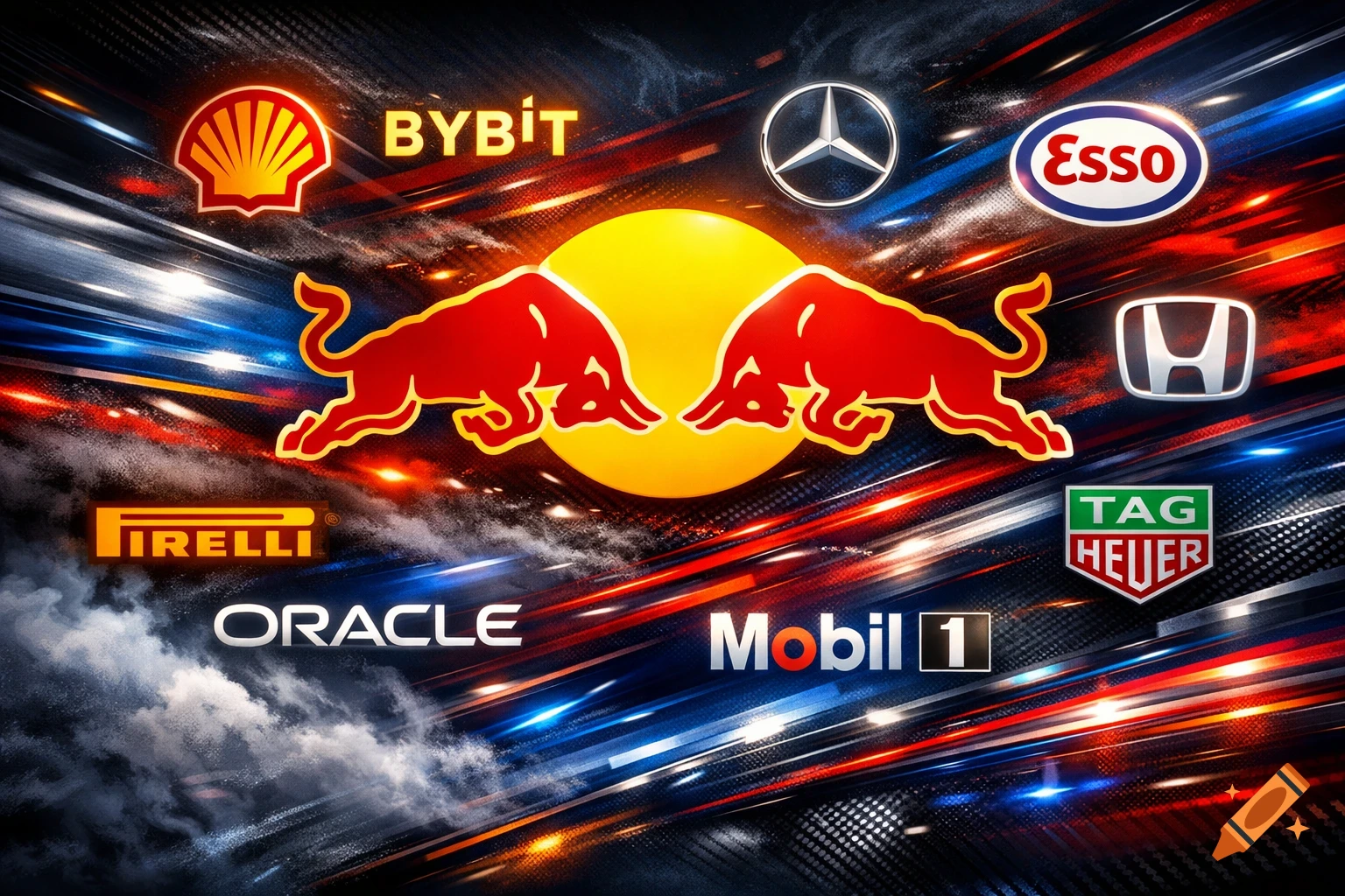 Dynamic collage featuring the Red Bull logo, F1 team logos, and various sponsor brands on a carbon fiber background.