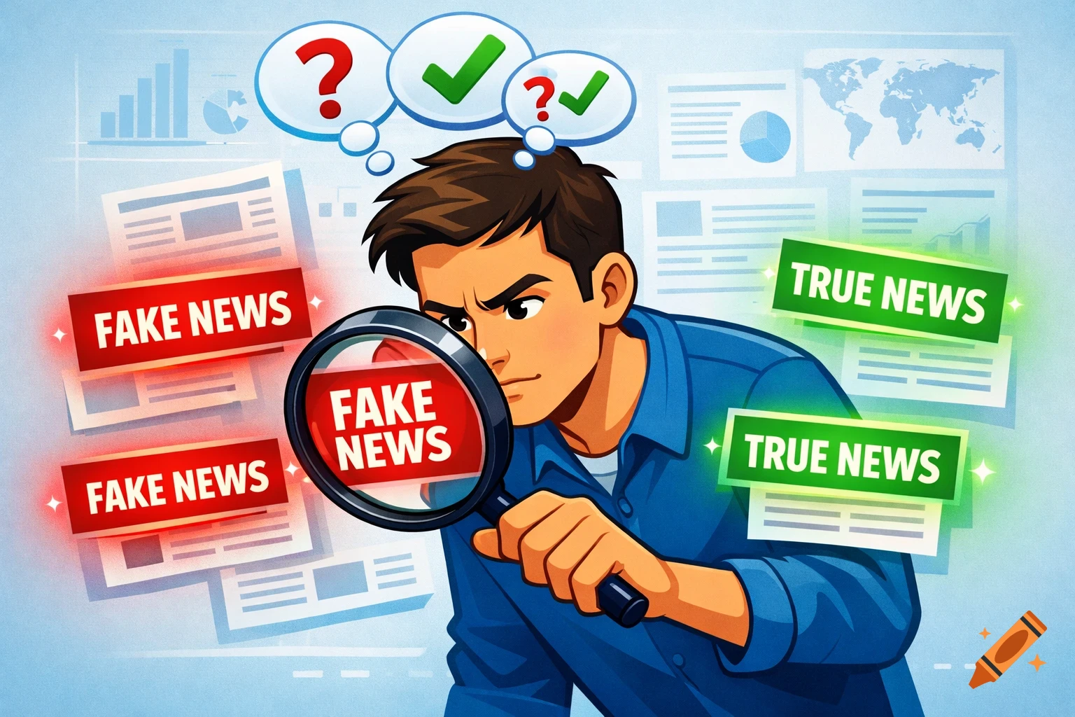Digital illustration of a person using a magnifying glass to distinguish red 'FAKE NEWS' headlines from green 'TRUE NEWS' headlines, with thought bubbles above their head.