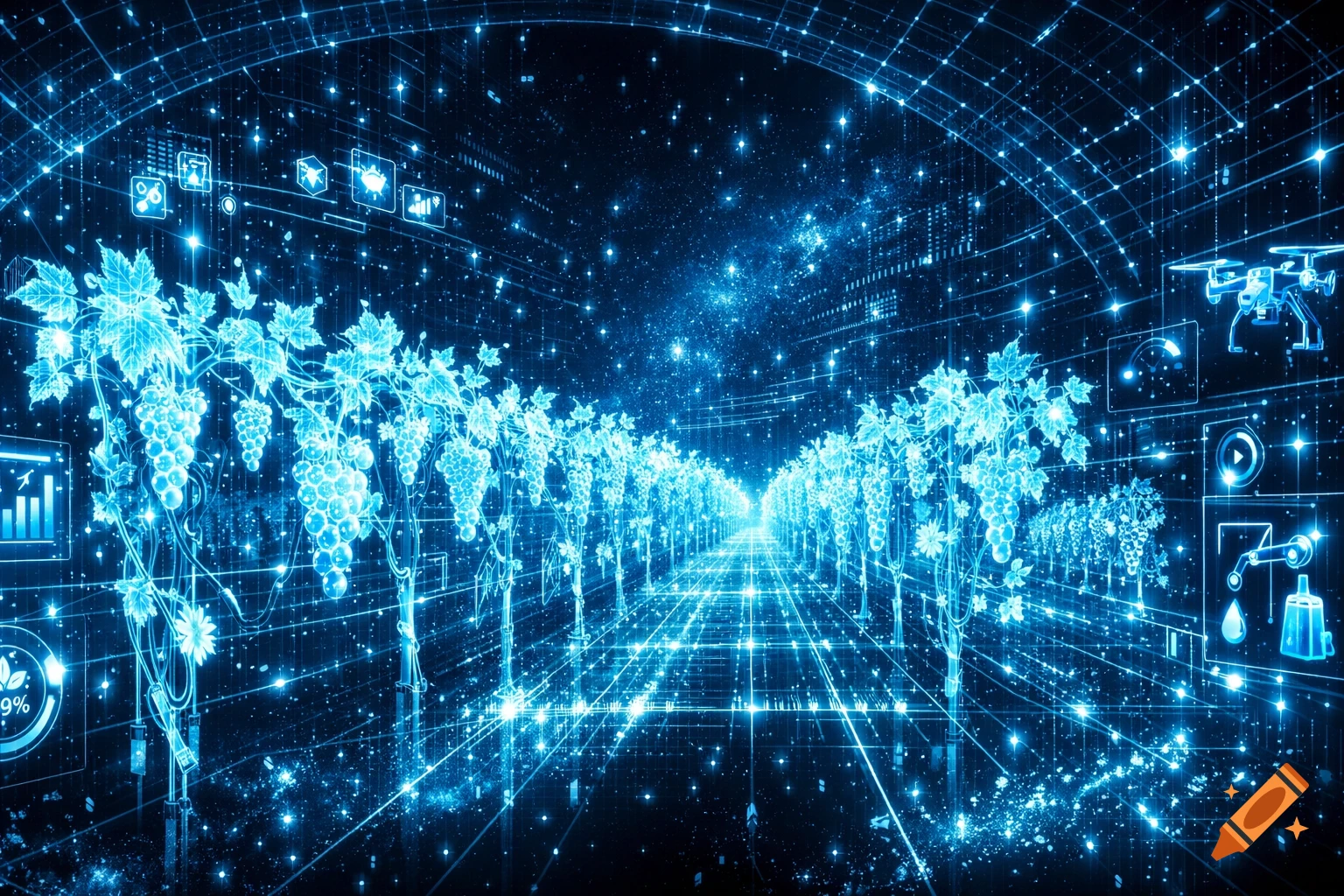 Futuristic holographic vineyard with glowing blue grapevines, digital data panels, and wireframe structures in a sci-fi style.