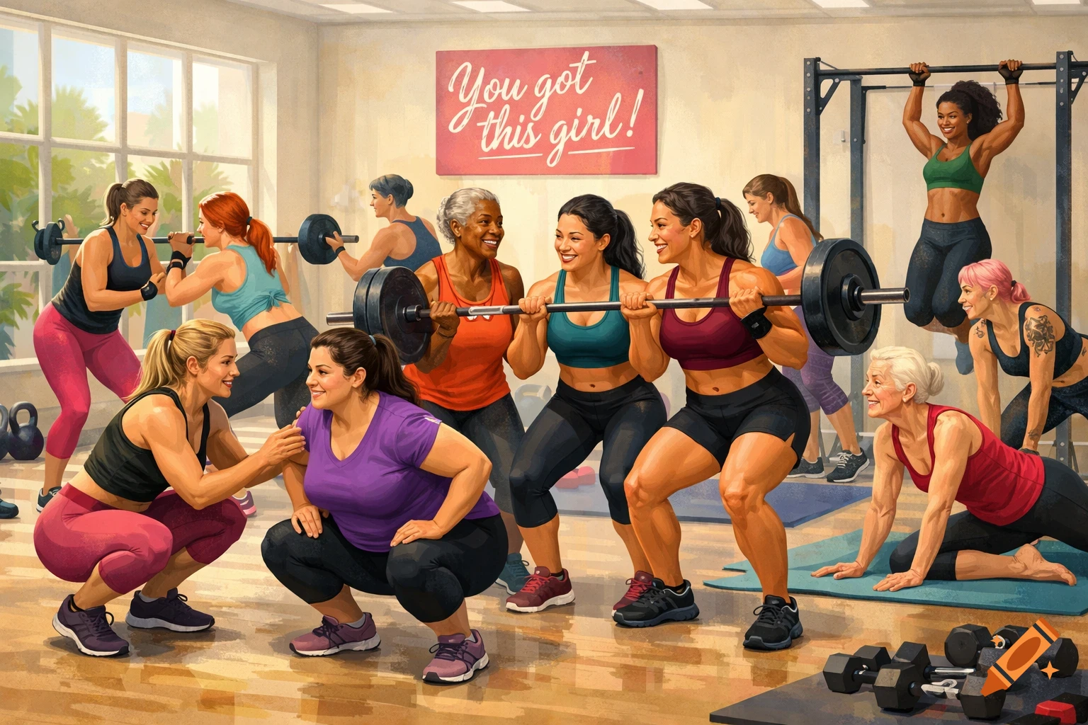 Diverse women of various ages and body types work out in a brightly lit gym, supporting each other. A wall sign reads 'You got this girl!'. Vibrant illustration.
