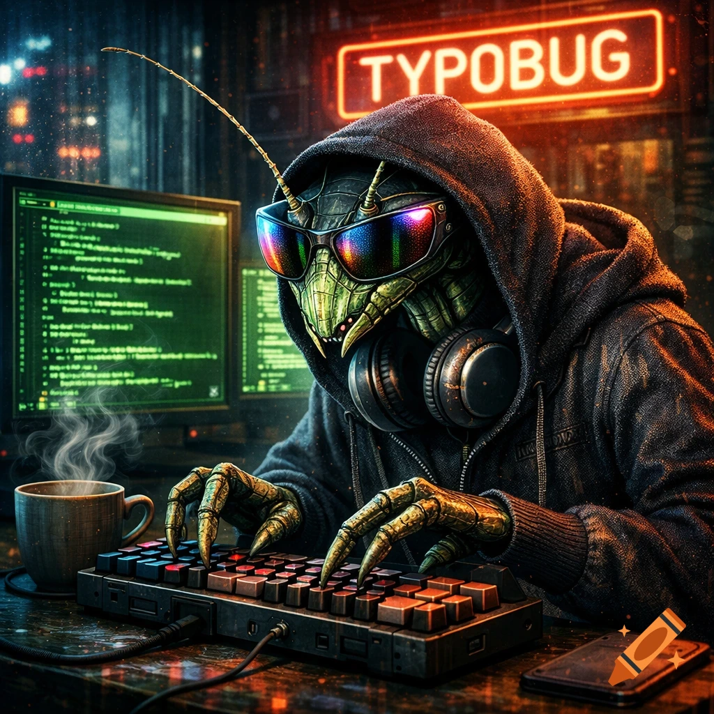 A cyberpunk insect hacker with reflective sunglasses and headphones types on a mechanical keyboard under a neon 'TYPOBUG' sign, surrounded by glowing code screens.