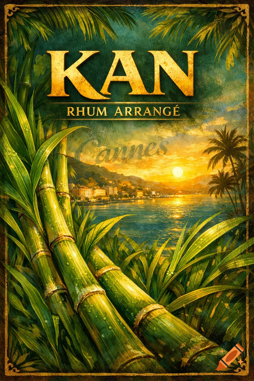 An artistic label for KAN Rhum Arrang é, featuring vibrant green sugarcane stalks in the foreground against a sunset over a coastal town and sea.