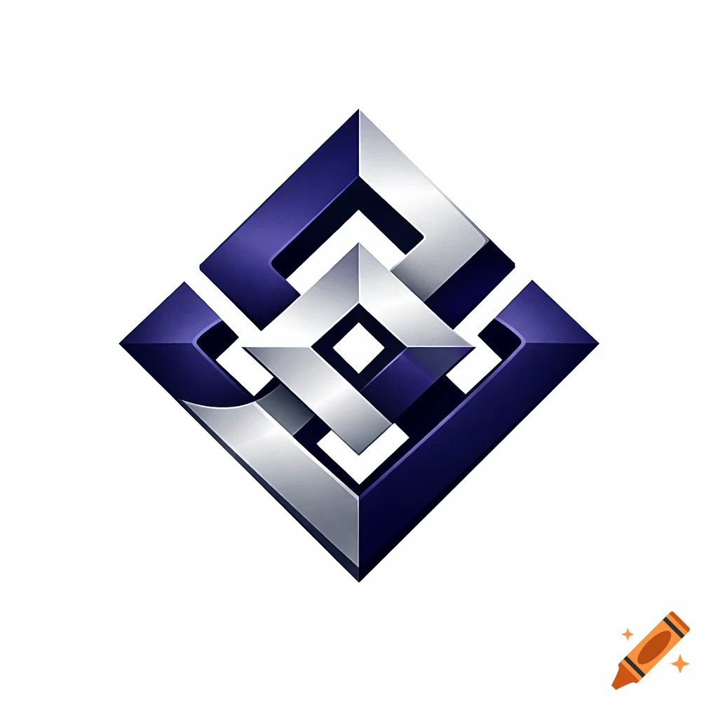 A geometric logo with interlocking silver and dark blue square shapes, creating a three-dimensional effect against a white background.