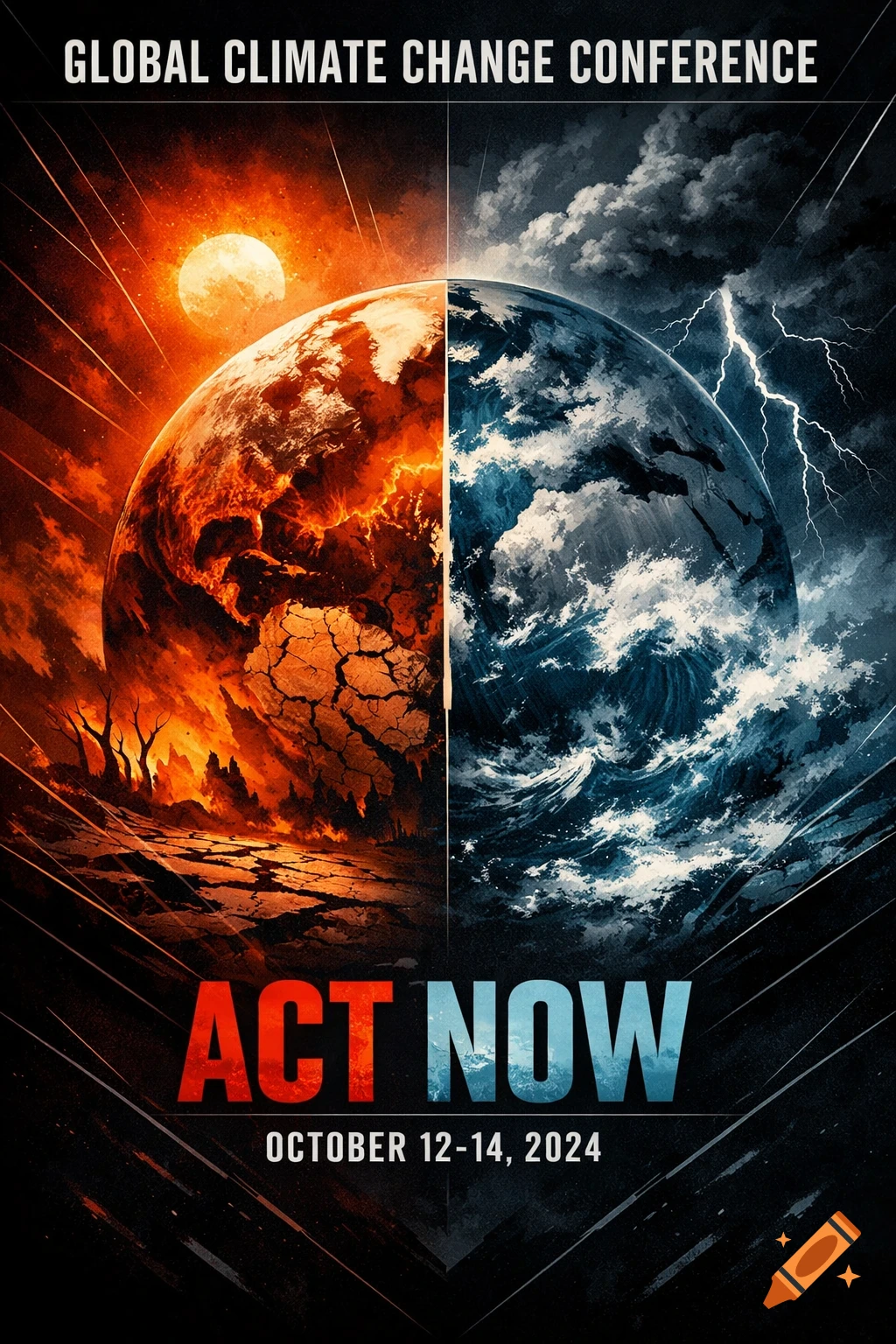 A striking climate change conference poster depicting Earth split into a burning, dry half and a stormy, watery half, with 'ACT NOW' text.