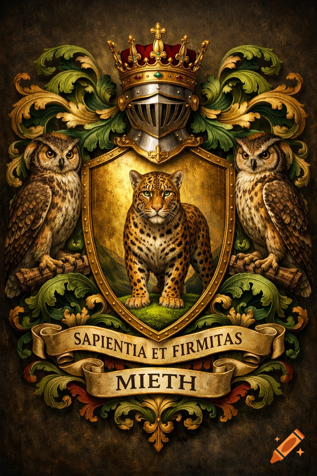 Ornate heraldic coat of arms with a leopard in a golden shield, flanked by owls, topped by a knight's helmet and crown, with banners displaying 'SAPIENTIA ET FIRMITAS' and 'MIETH'.