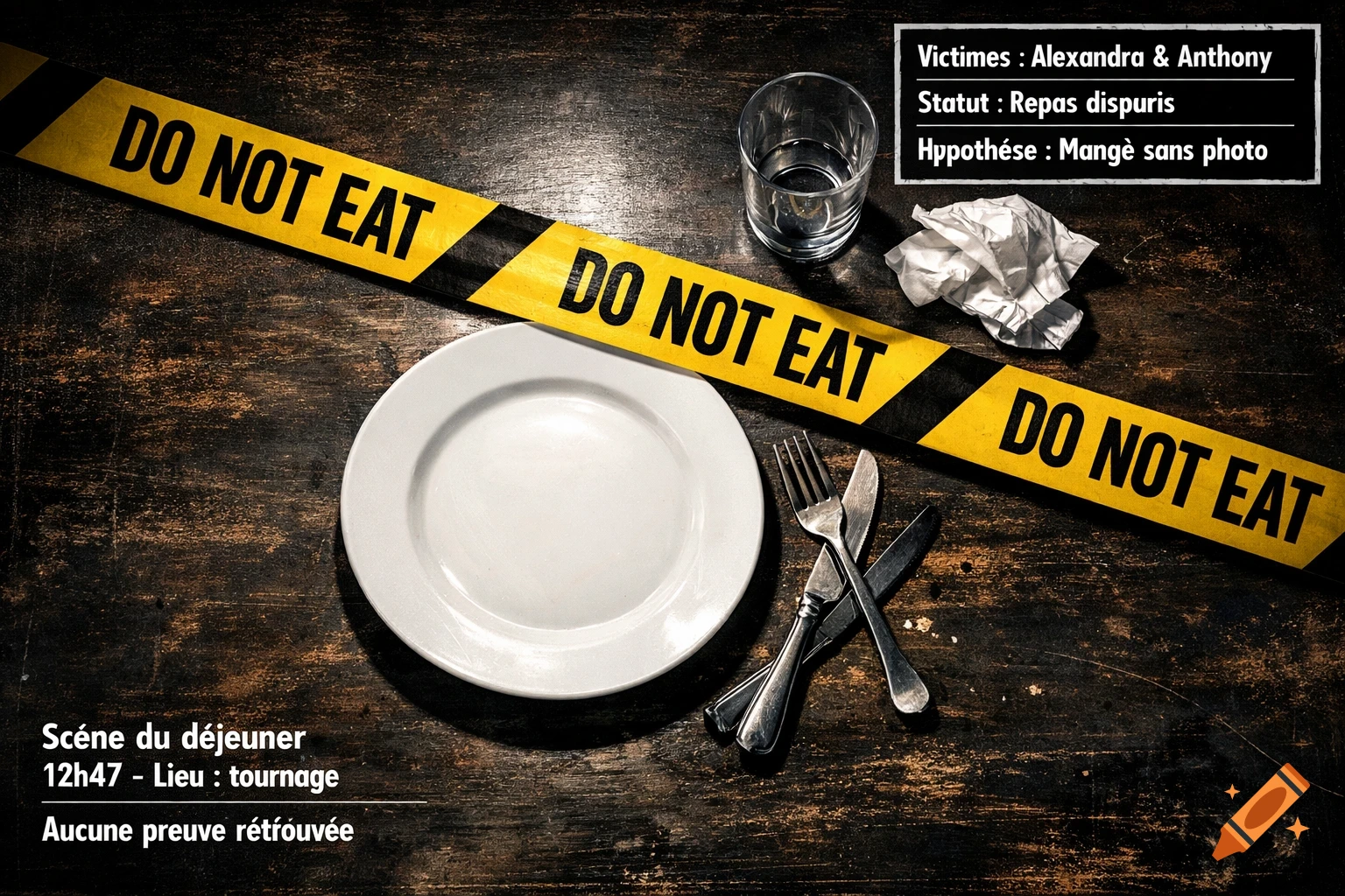 Empty plate, cutlery, glass, and crumpled napkin on a dark table, crossed by yellow 'DO NOT EAT' crime tape and mock crime report text, mimicking a humorous crime scene.