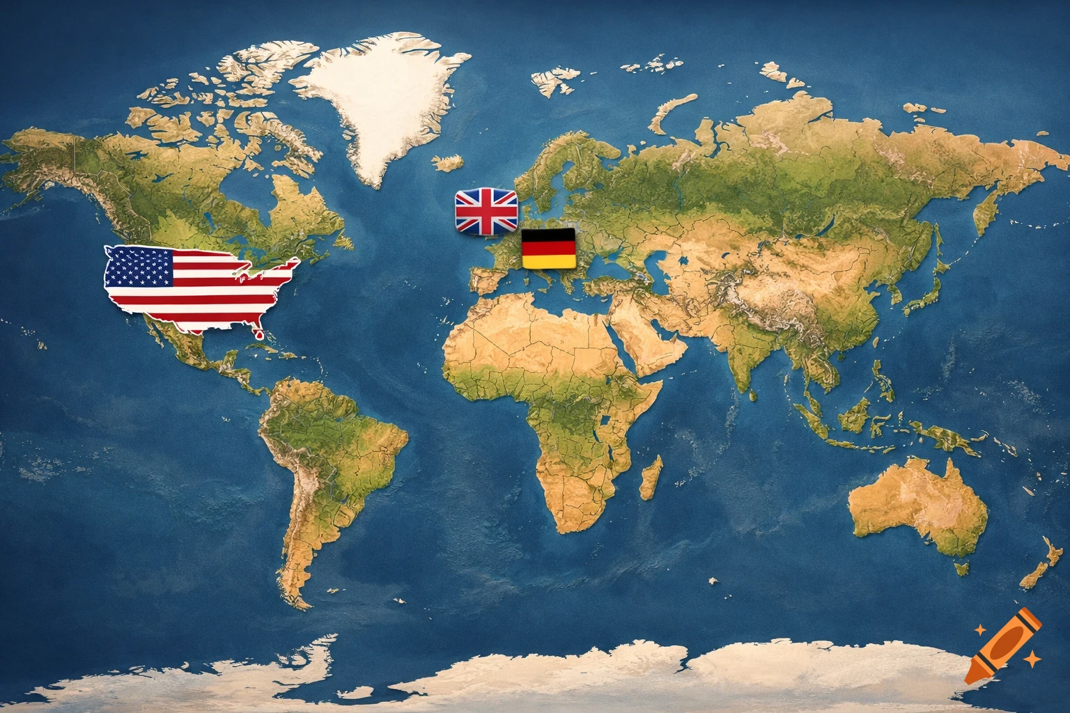 A physical map of the world with the US flag over North America, UK flag over Great Britain, and German flag over Germany.