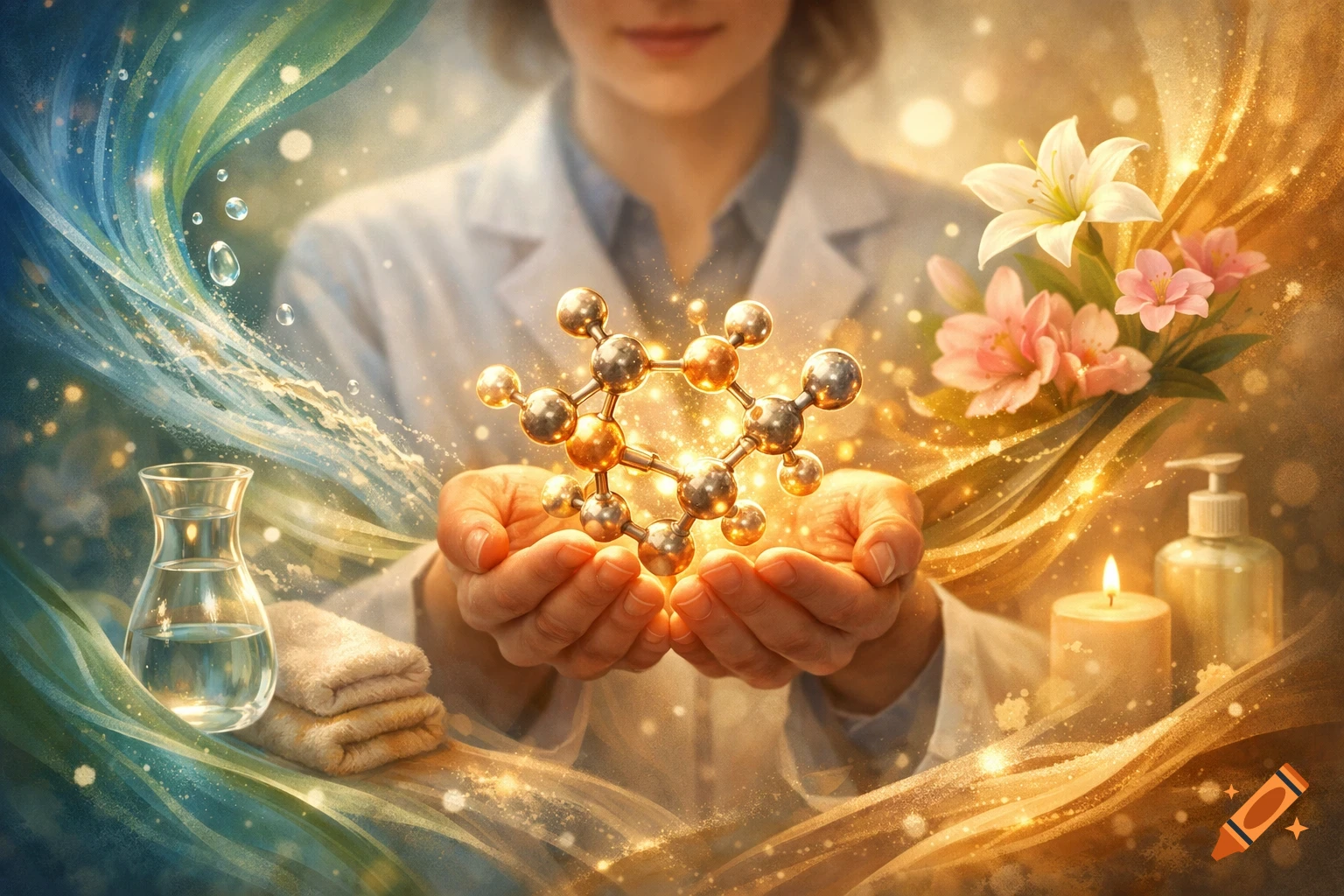 A person in a lab coat holds a glowing molecule, surrounded by flowers, a beaker, towels, and a candle, depicting science and wellness.