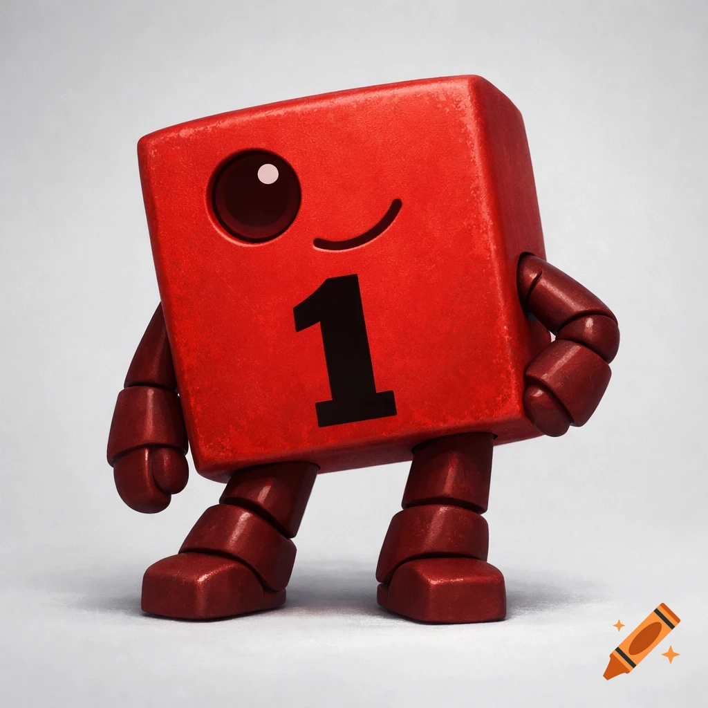 A 3D rendered cartoon red block character with segmented maroon limbs, one eye, a smile, and a prominent black number '1' on its chest.