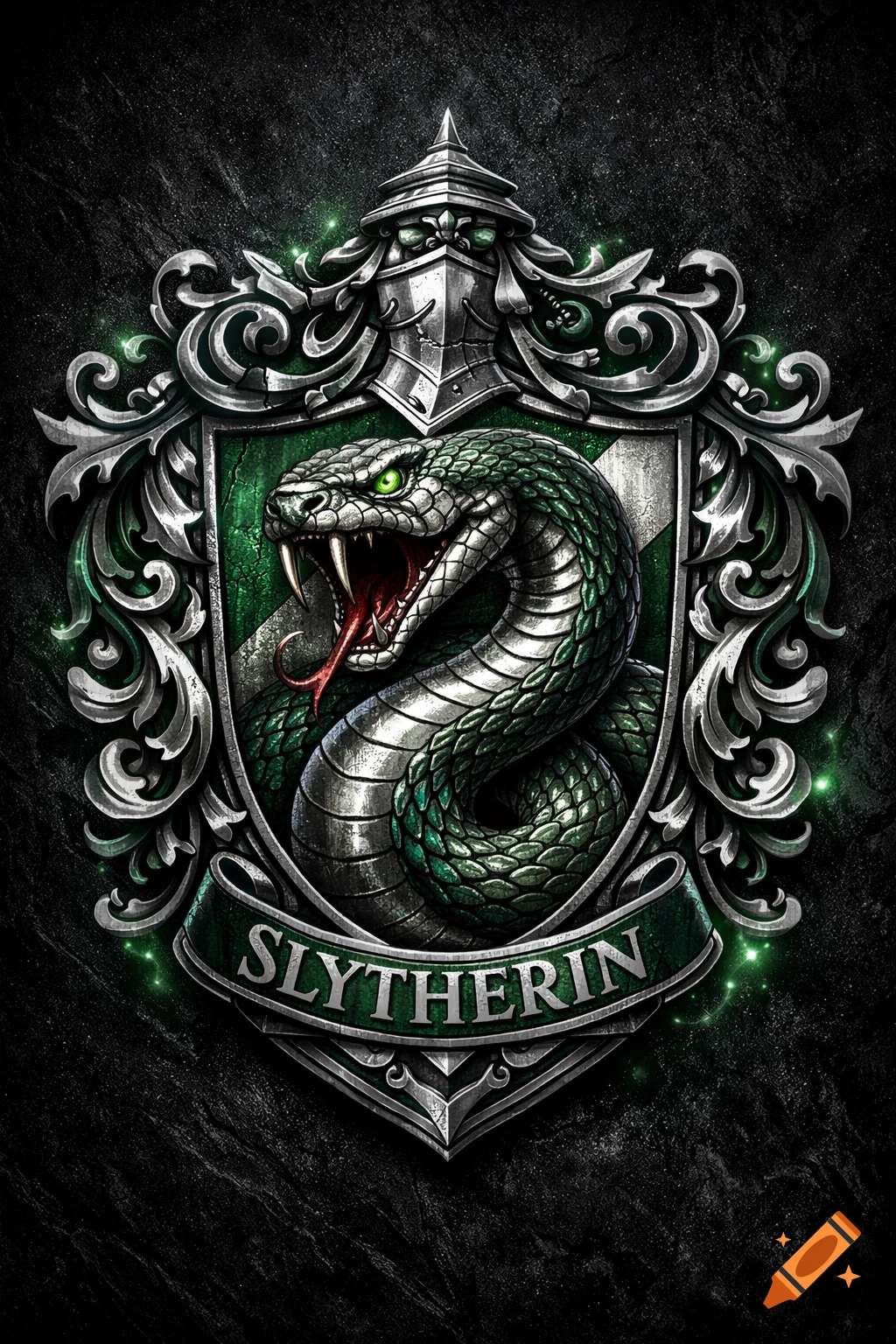 A dark, intricate Slytherin house crest from Harry Potter, featuring a detailed green snake with fangs and green eyes, on a silver and green shield with ornate scrollwork, against a dark textured background.