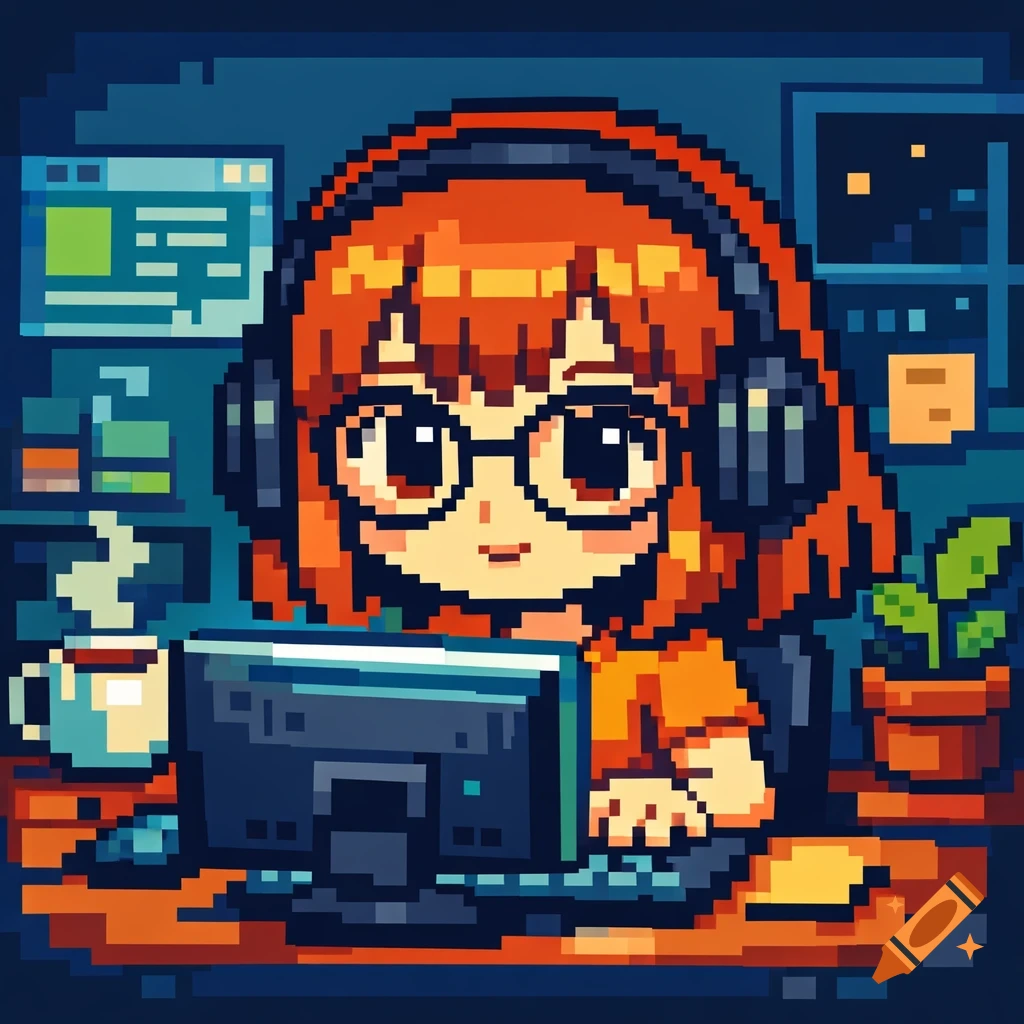 A cute pixel art anime girl with ginger hair, oval glasses, and headphones works on a computer in a dark room.