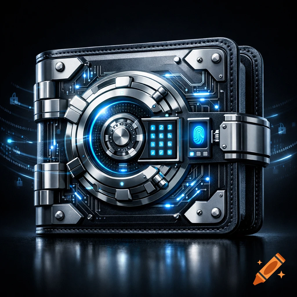 A futuristic, highly secured digital wallet with a metal casing, glowing blue circuits, a keypad, and a fingerprint scanner.