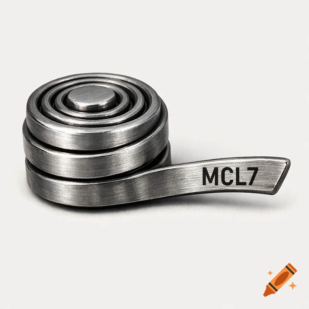 A high-resolution, realistic product-style illustration of a tightly wound steel coil croc jibbit charm with 'MCL7' engraved on it.