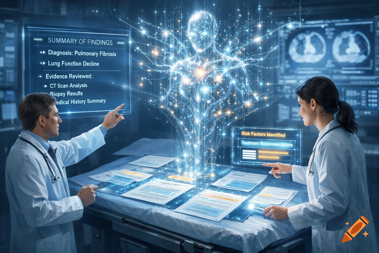 Two doctors in lab coats interact with a glowing holographic human figure and digital interfaces displaying medical data, with documents on a table. Photorealistic style.