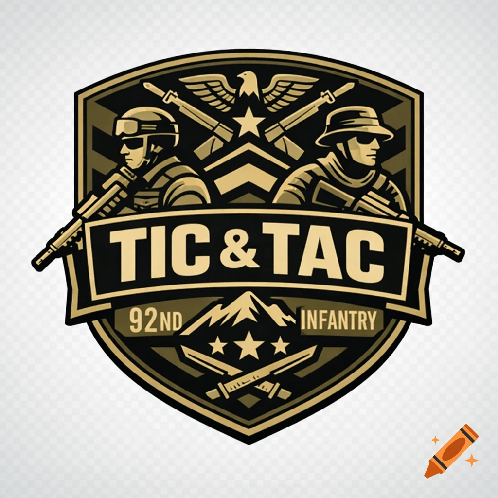 Khaki, black, and beige military emblem with two soldiers, an eagle, rifles, and text 'TIC & TAC', '92ND INFANTRY'.