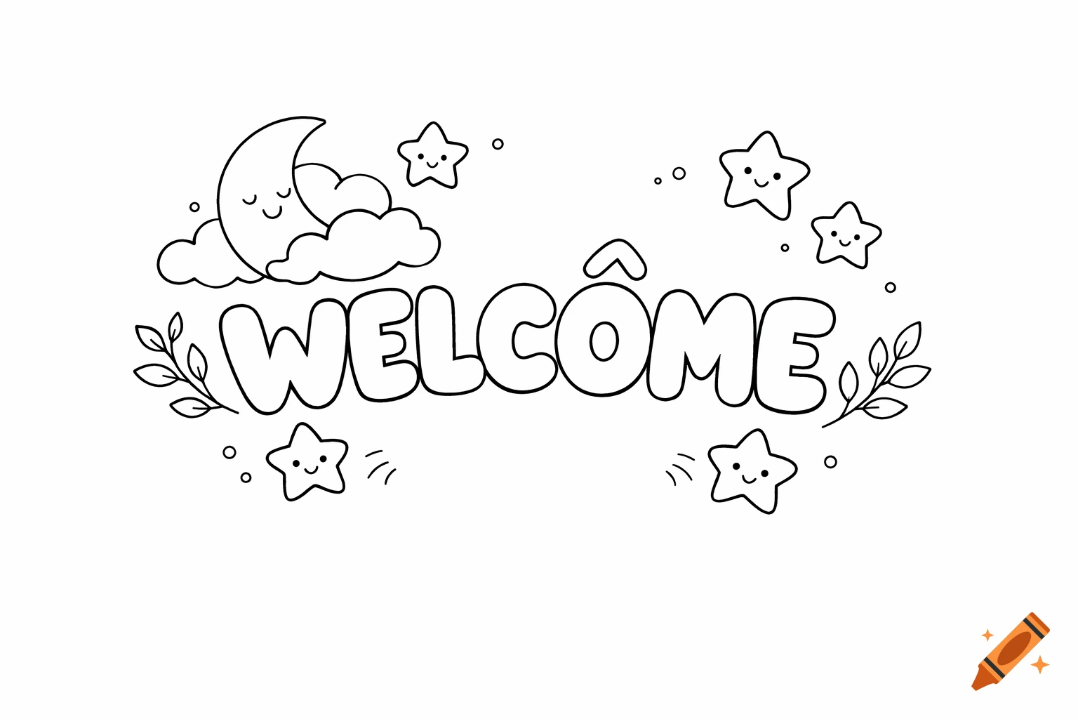 A black and white coloring page with the word 'WELCÔME' in bubble letters, surrounded by a smiling moon, clouds, stars, and leafy branches.