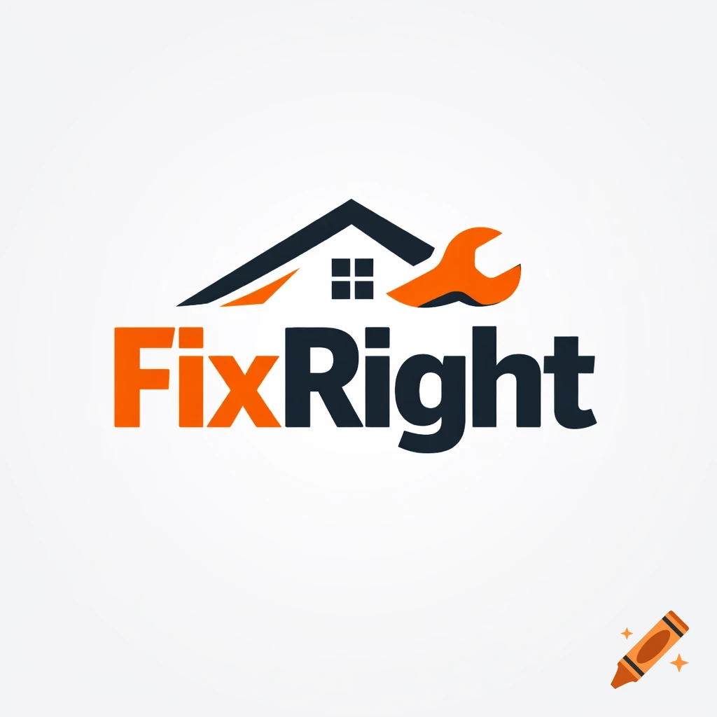 Logo for 'FixRight' home repair business featuring a dark house silhouette and an orange wrench over the text.