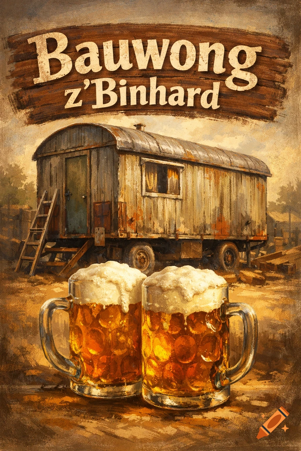 Two foamy beer mugs in front of a rustic wooden trailer with text "Bauwong z'Binhard" above, in a painterly style.