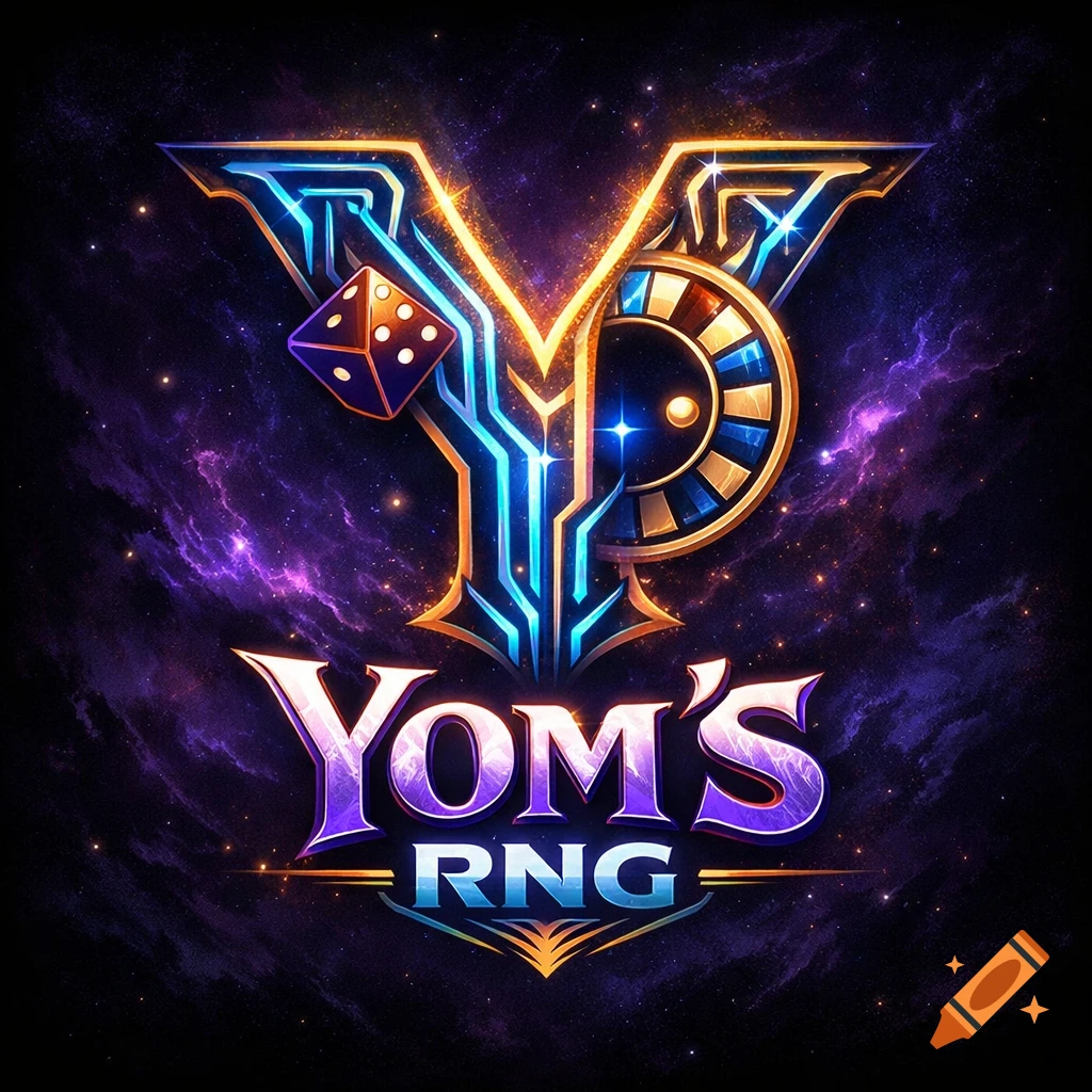 A glowing, stylized game logo with a large 'Y', dice, and roulette wheel, over 'Yom's RNG' text on a cosmic background.