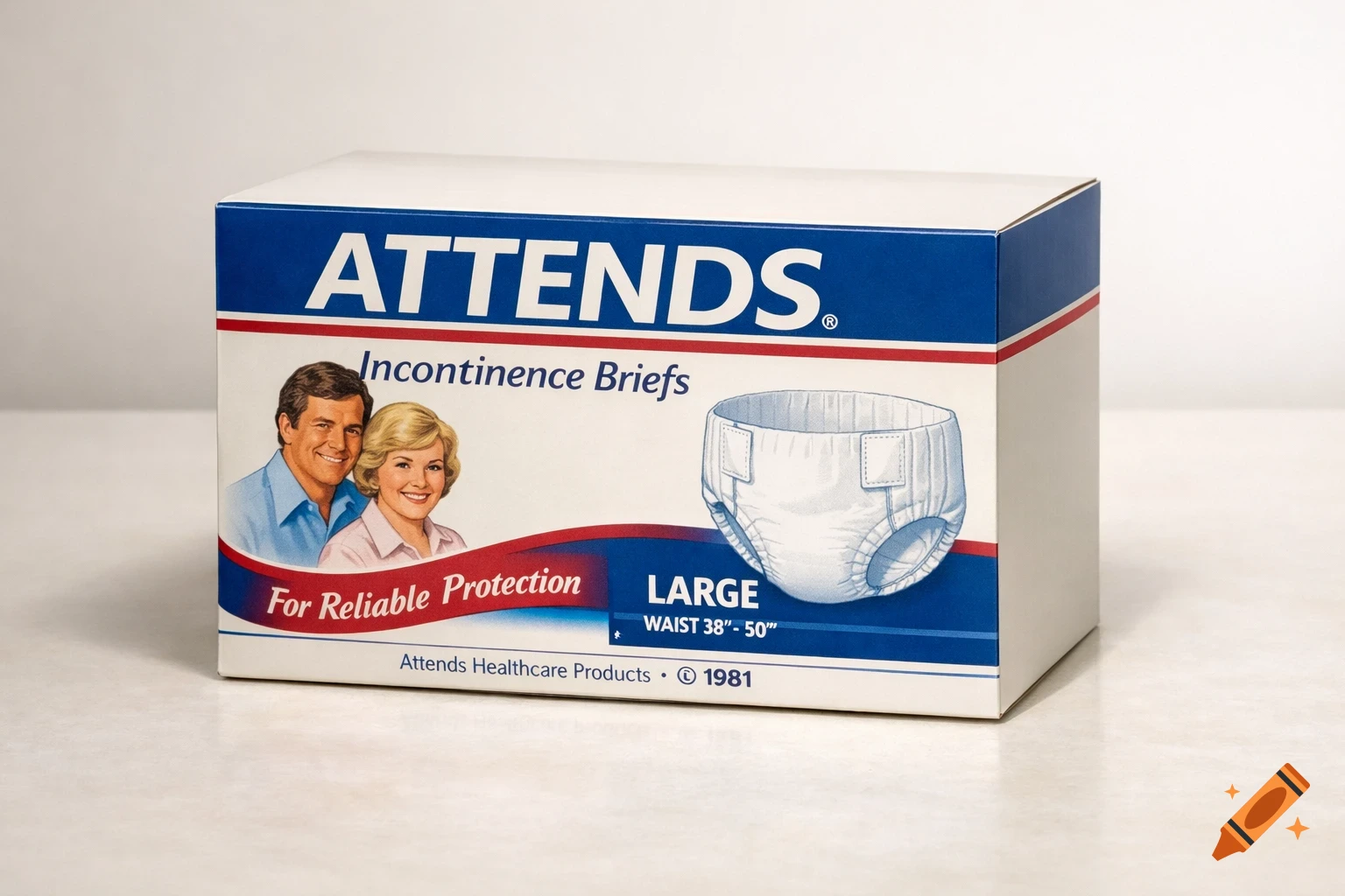 A 1981 box of Attends incontinence briefs, size large, featuring a smiling man and woman, sits on an off-white table.