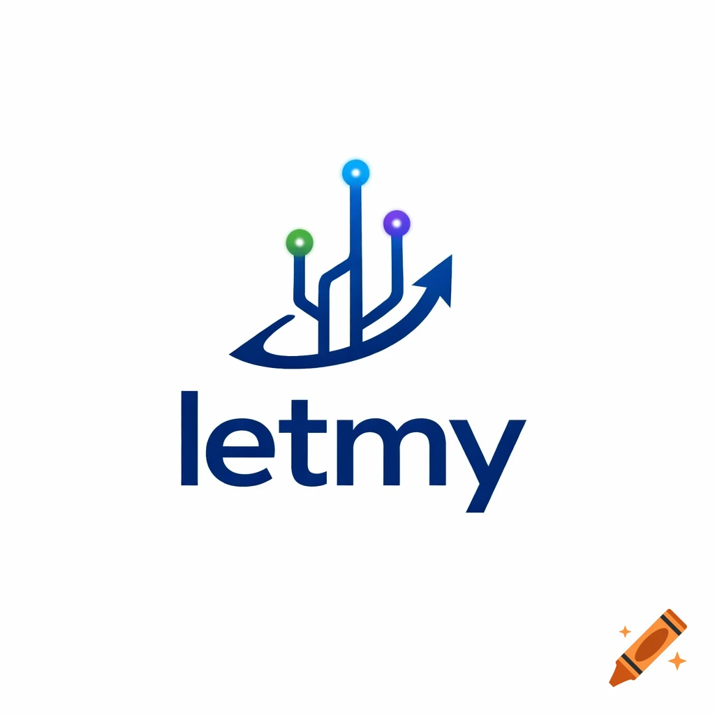 A modern blue logo features the word 'letmy' with a minimalist symbol above it representing technology, web, and growth with colorful nodes and an arrow.