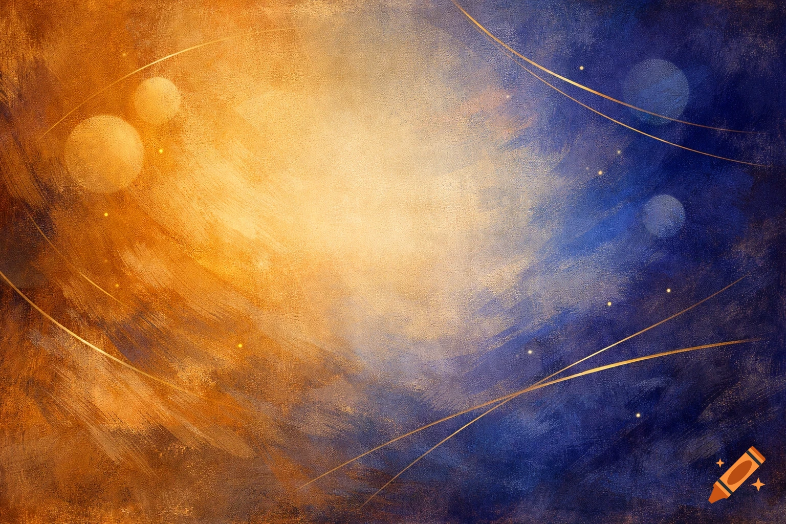 Abstract painting with an orange-gold to blue gradient, featuring brushstrokes, golden lines, and light orbs.