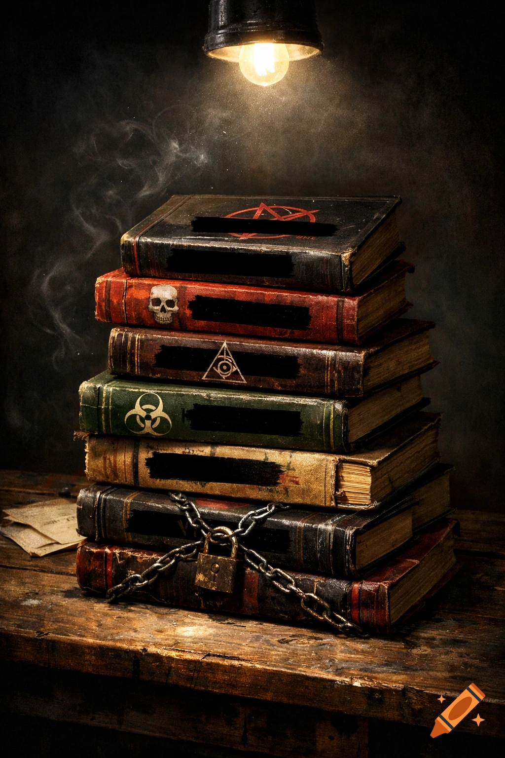 A stack of old, worn books with mysterious symbols, blacked-out titles, chained and locked on a wooden table under a dim light.