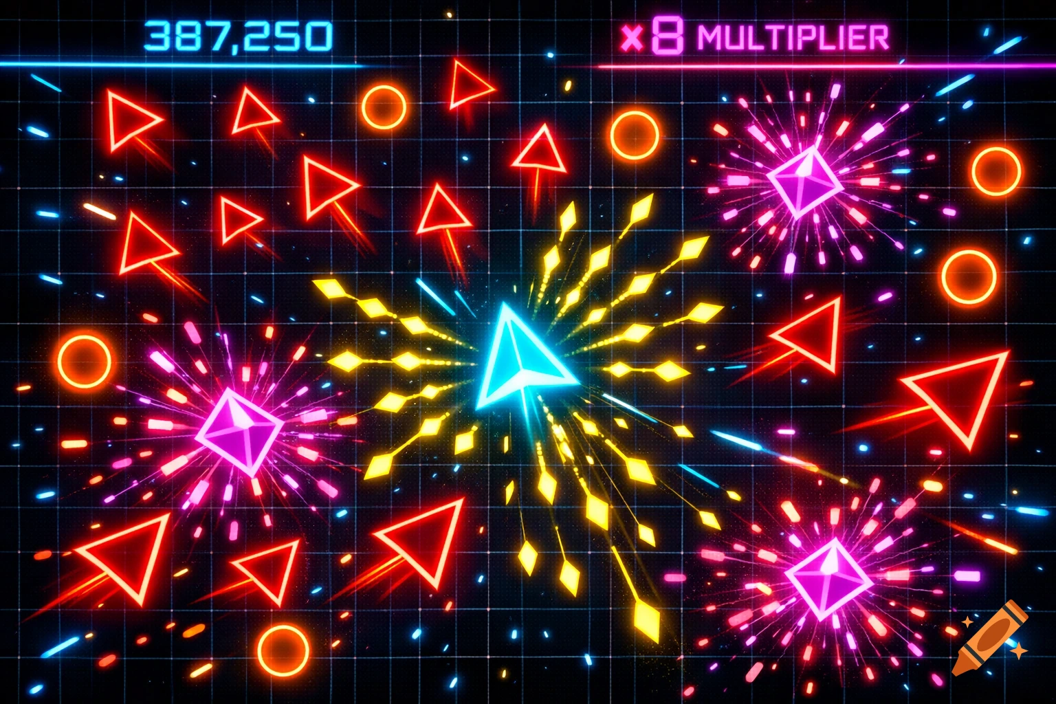 A vibrant retro arcade game screen with glowing neon geometric shapes, including a cyan triangle player, red enemies, and colorful explosions, set against a dark grid background with a score and multiplier at the top.