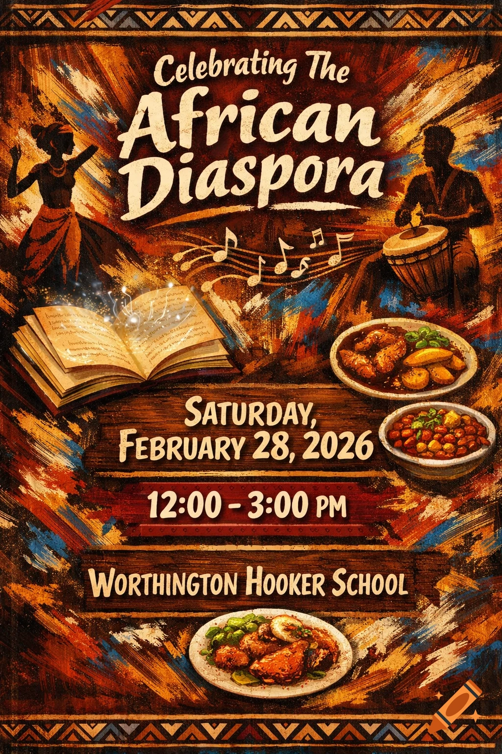 A vibrant, textured flyer for 'Celebrating The African Diaspora' event, featuring silhouettes of a dancer and drummer, an open book, and plates of food, with event details.
