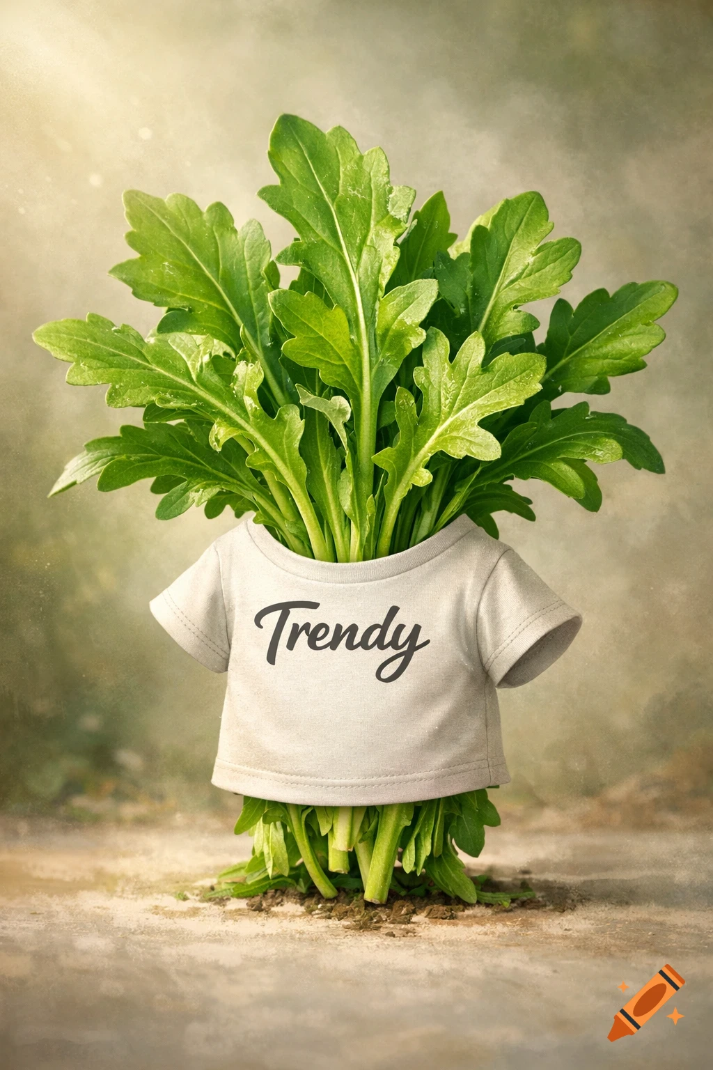 A photorealistic image of a bunch of fresh green arugula leaves rooted in soil, wearing a small white t-shirt with 'Trendy' written on it.