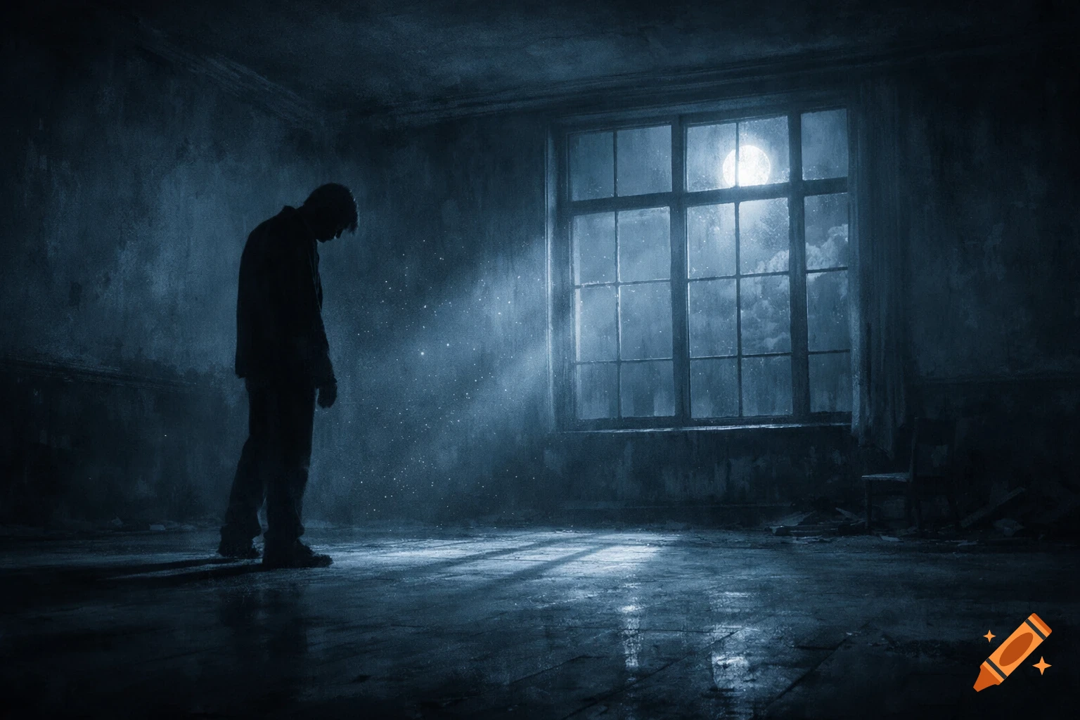 A silhouette of a person standing alone in a dark, empty room, illuminated by moonlight streaming through a large window.