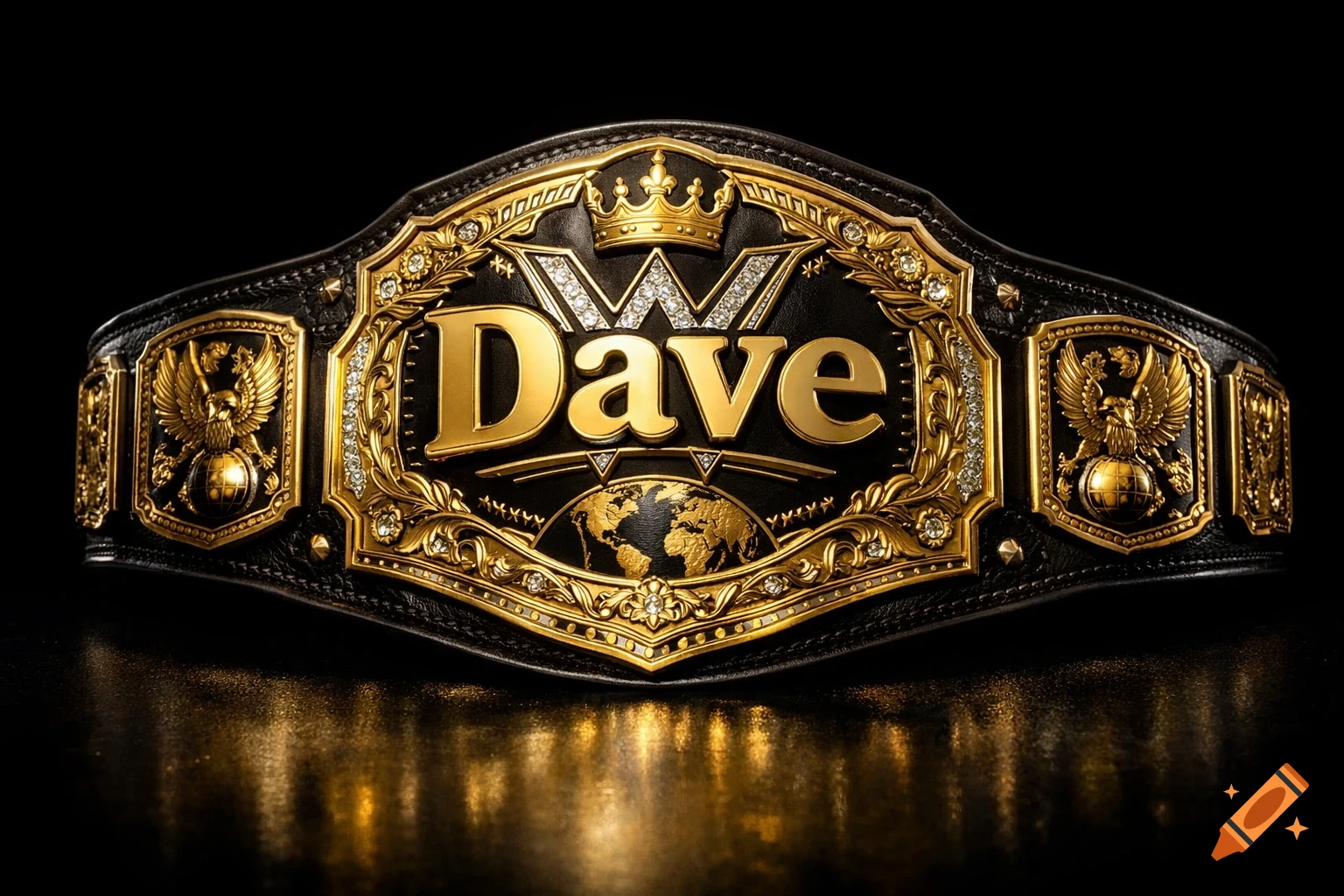 A close-up of a gold and black WWE-style championship belt with the name 'Dave' prominently displayed on the main plate.