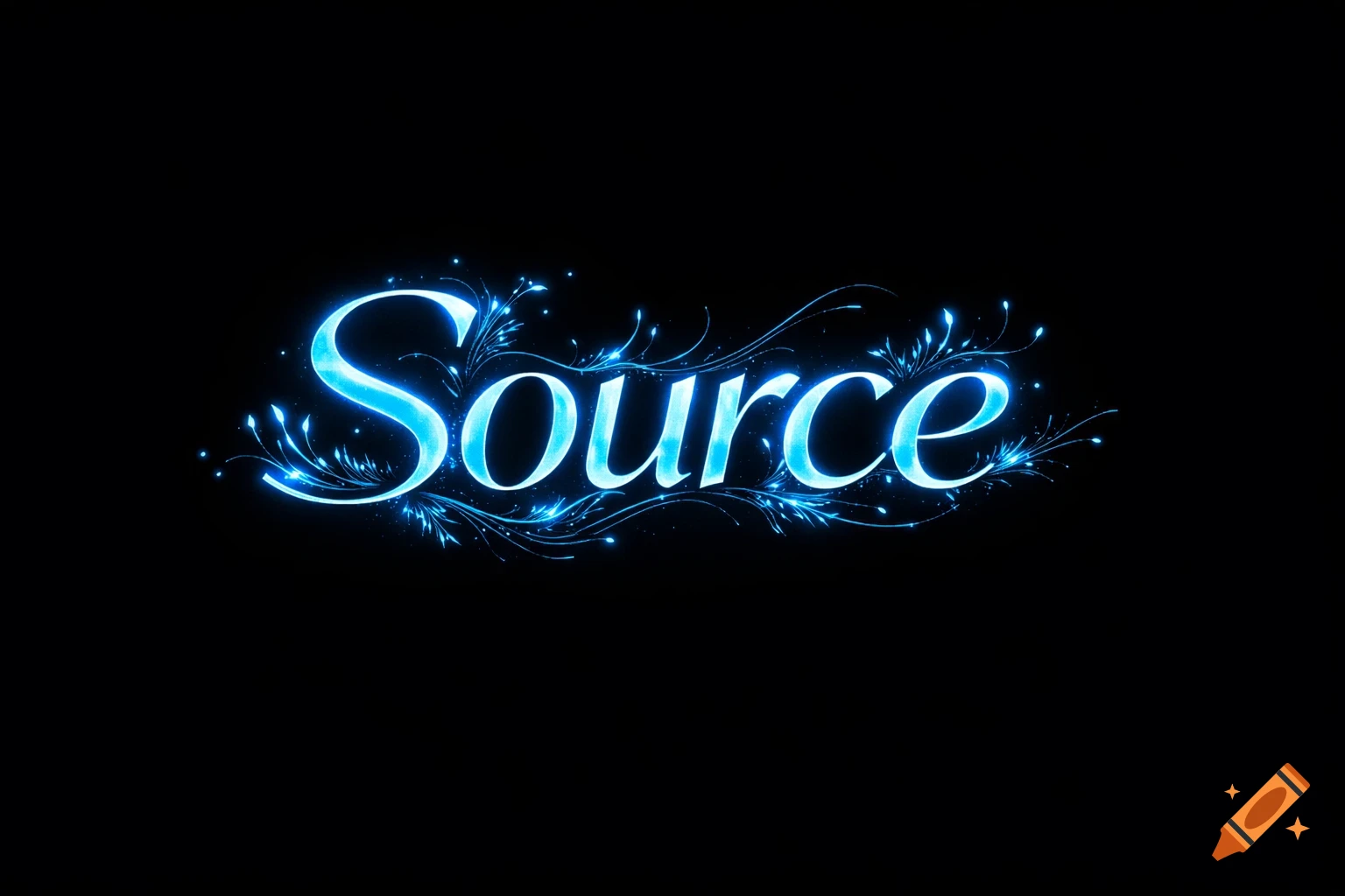 Blue glowing text 'Source' with bioluminescent floral flourishes on a black background.