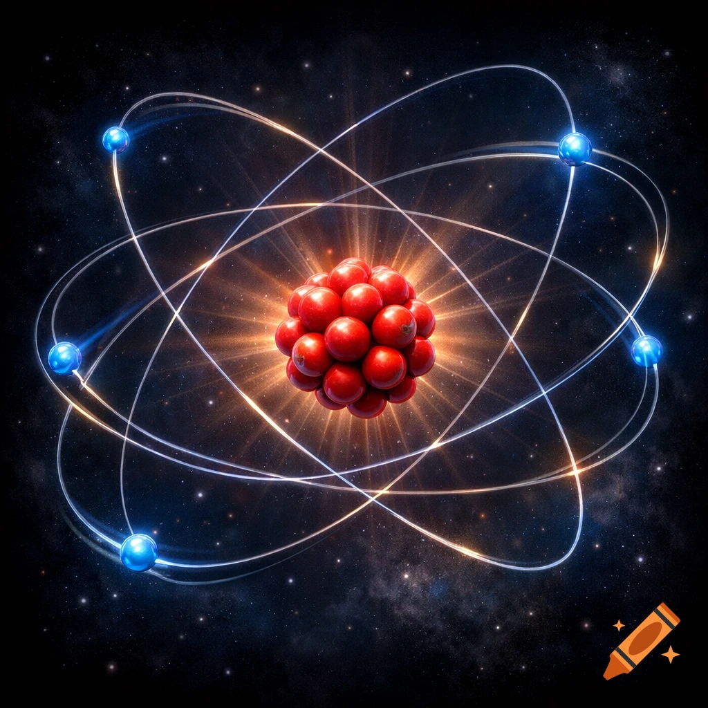 A glowing atomic model with a red nucleus and blue electrons orbiting on a dark, starry background.