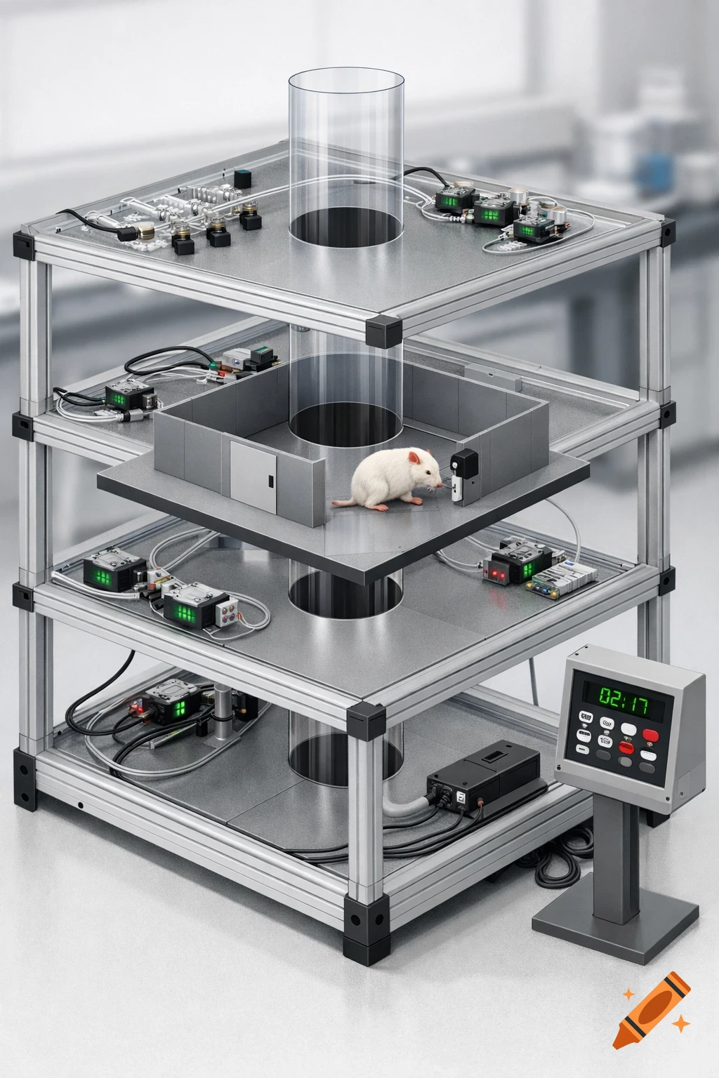 A multi-tiered neuroscience experimental setup with a white mouse in an arena, a control panel, and electronics, in a photorealistic style.