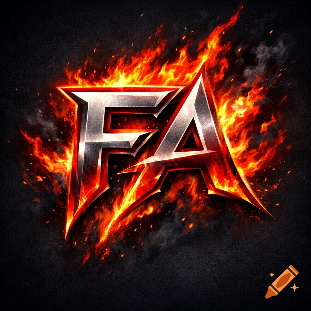 Metallic logo with the initials FA engulfed in bright orange flames against a dark, smoky background.