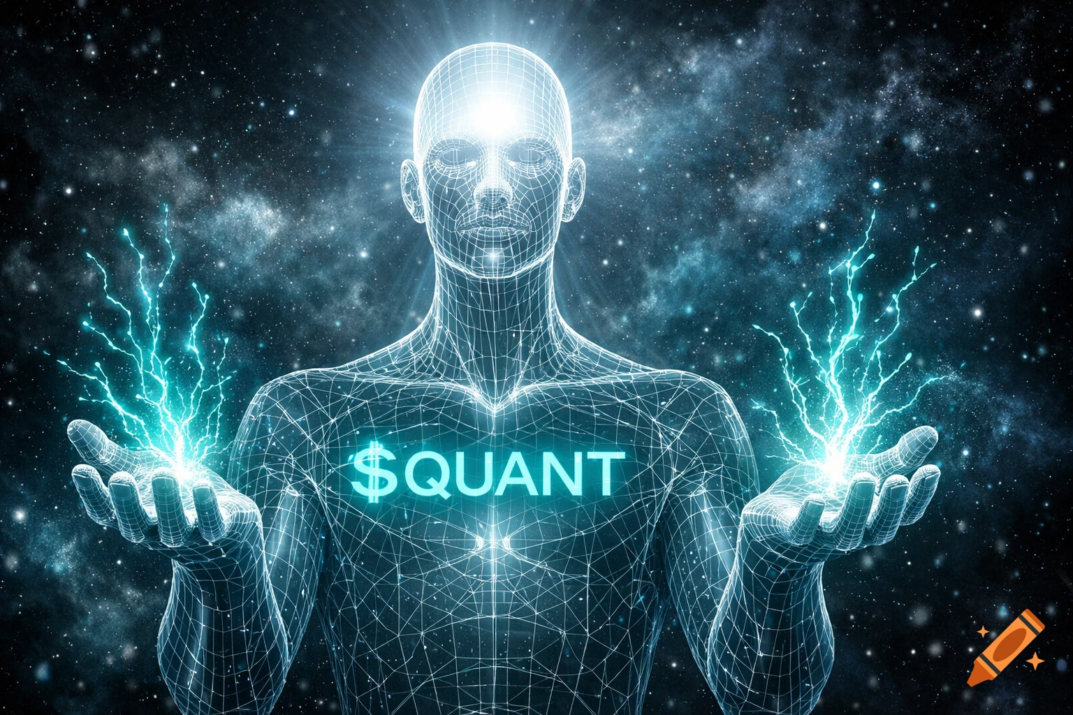 Glowing wireframe humanoid figure with '$QUANT' on chest, emitting turquoise lightning, in a starry cosmic background, digital art.