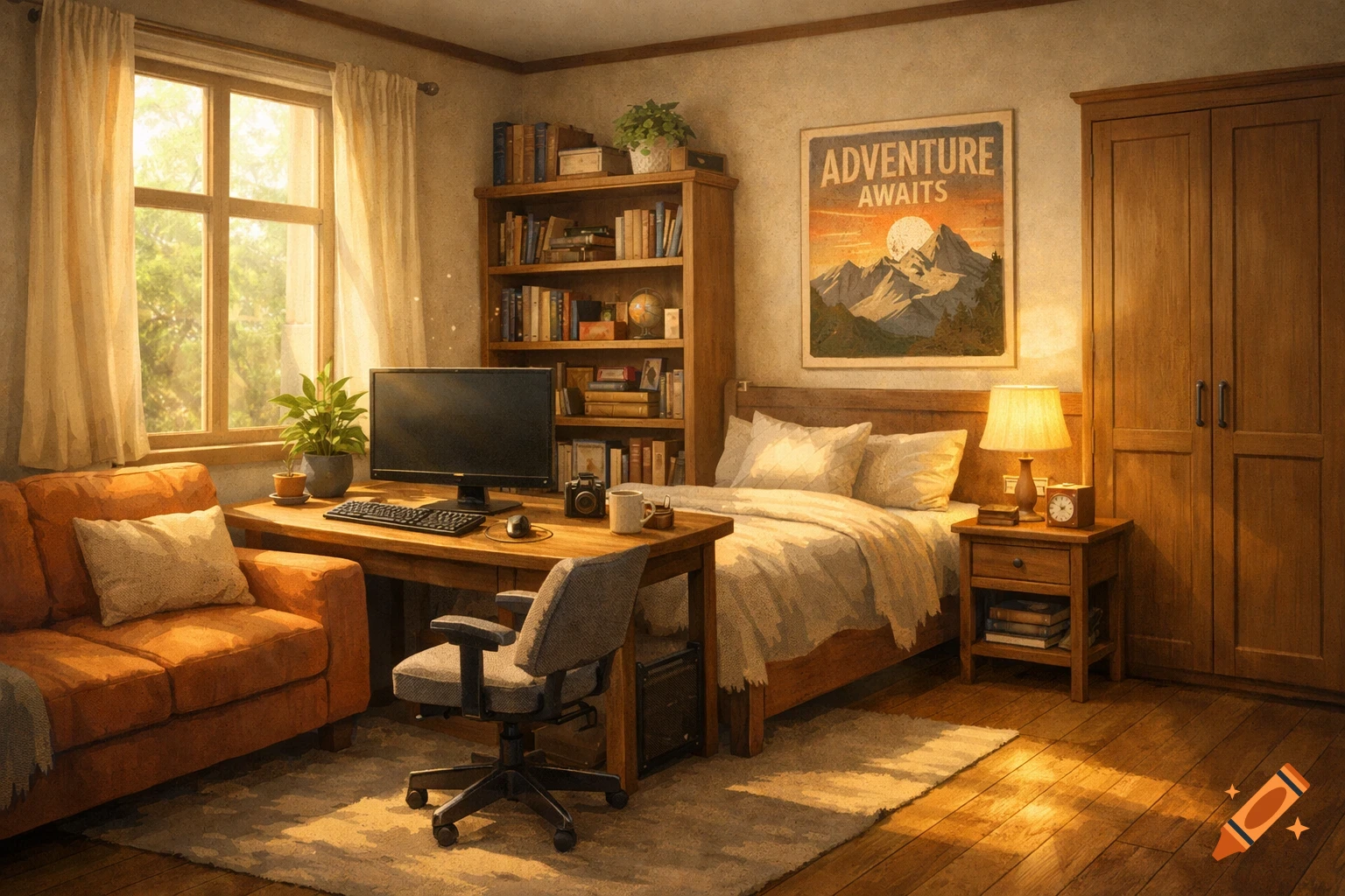 A warm, sunlit room with a bed, a desk with a computer, an orange sofa, a bookshelf, and an "ADVENTURE AWAITS" poster.