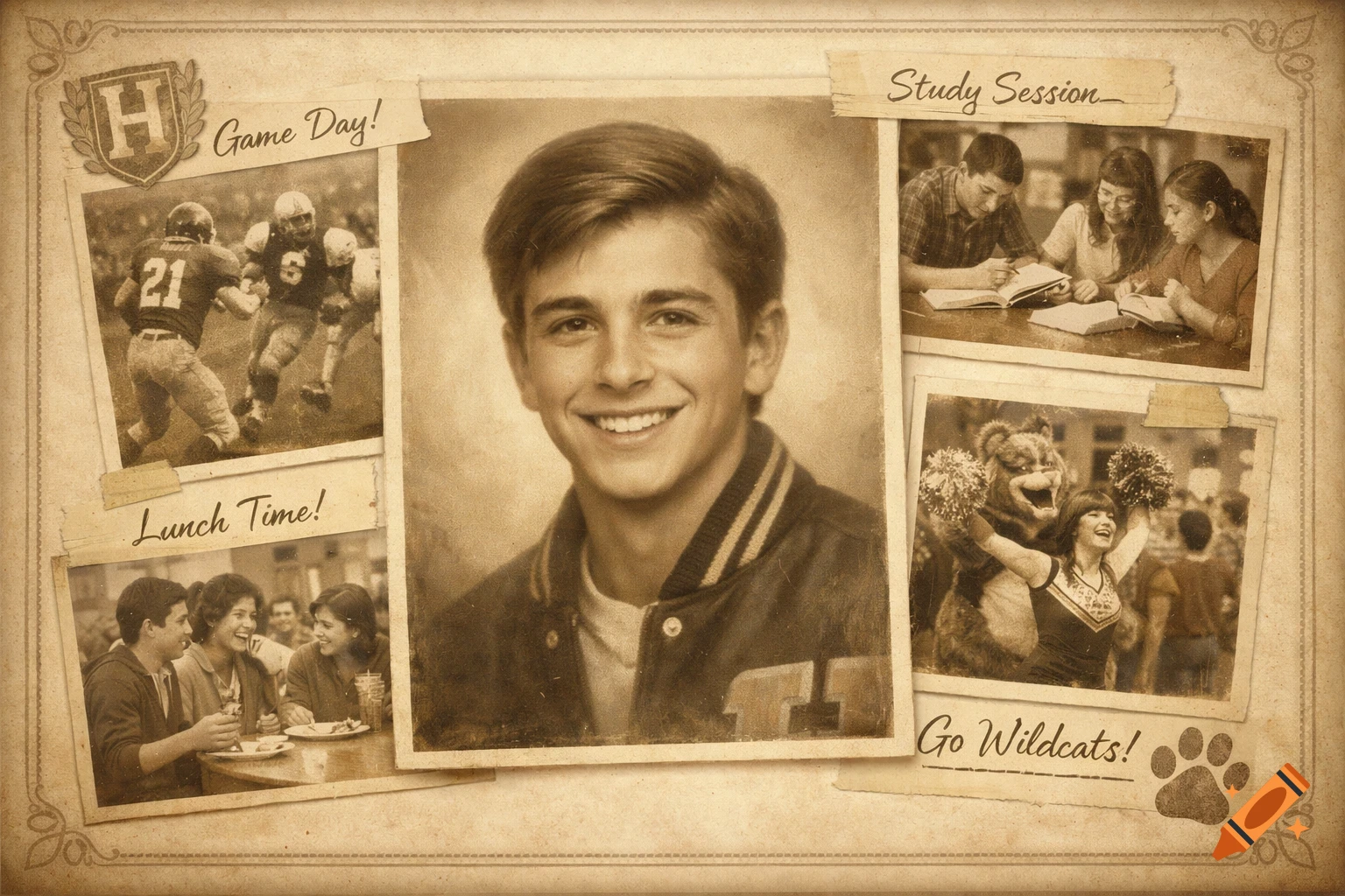A vintage sepia-toned yearbook page featuring a smiling student portrait surrounded by smaller photos of school activities like football, studying, and cheerleading.