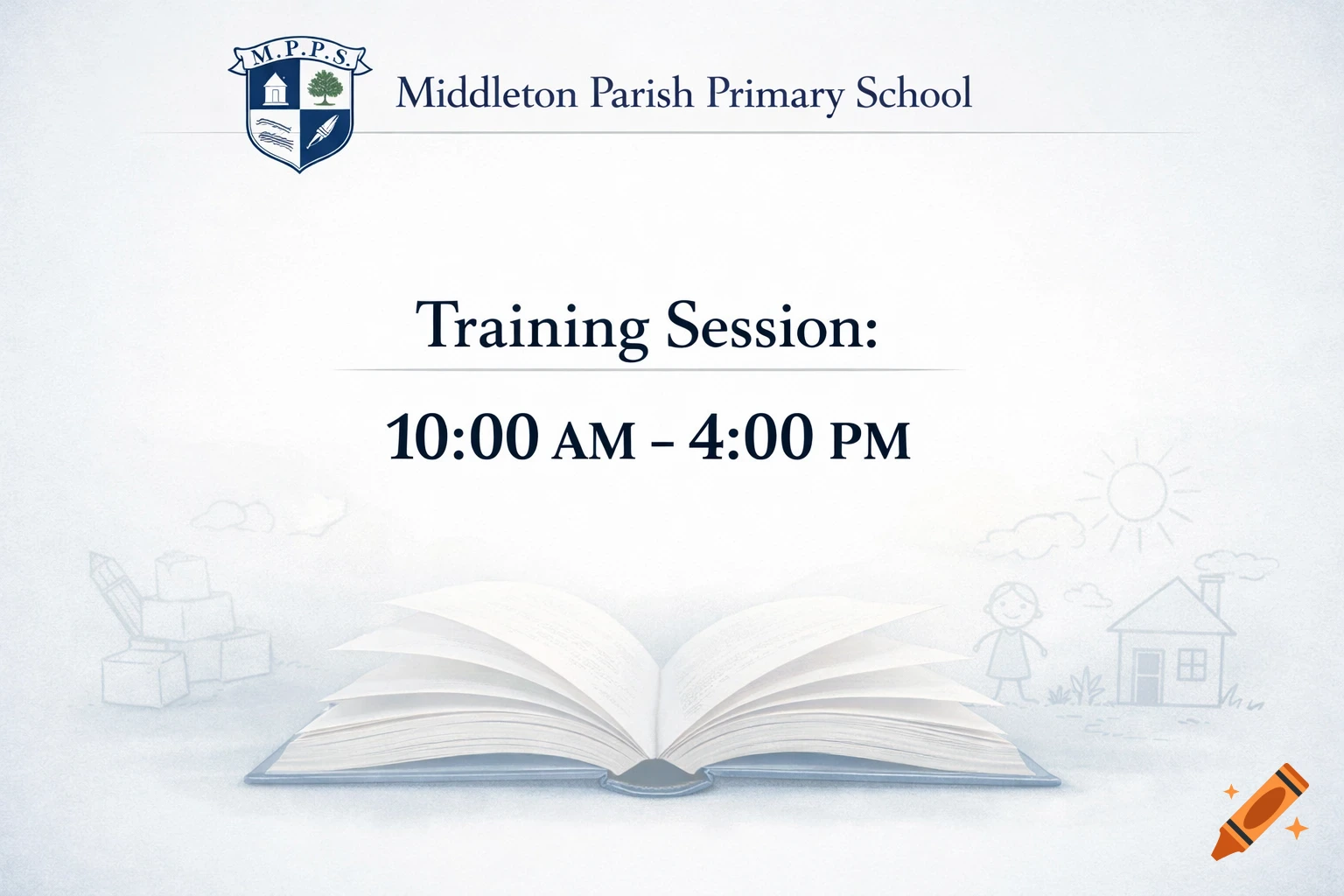A white graphic with a blue school logo for Middleton Parish Primary School, text reading 'Training Session: 10:00 AM - 4:00 PM', and an open book at the bottom.