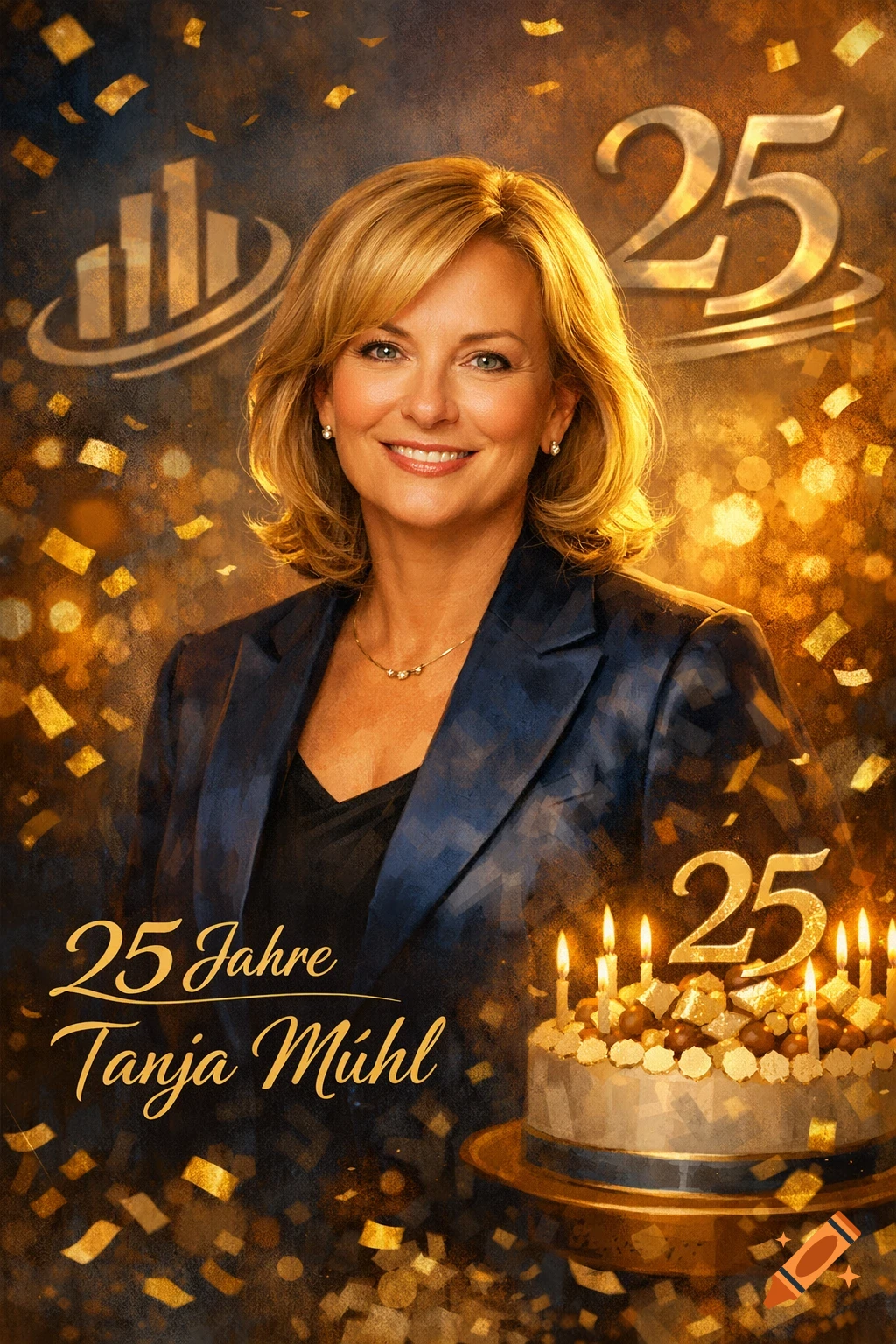 Smiling blonde woman in a blazer amidst golden confetti and a birthday cake, with '25 Jahre Tanja Mühl' text. Celebratory art.