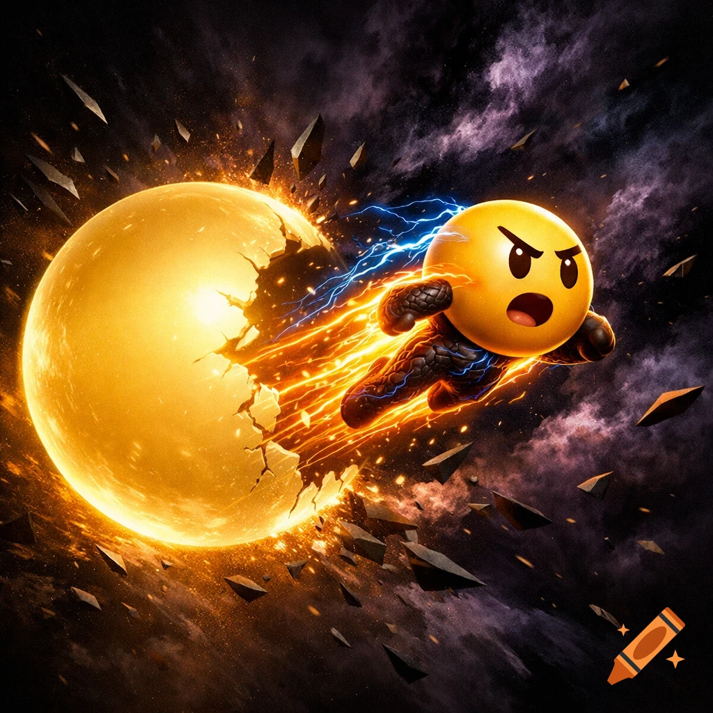 An angry yellow emoji character in a black suit flies through space, leaving a fiery trail as it smashes a golden planet.