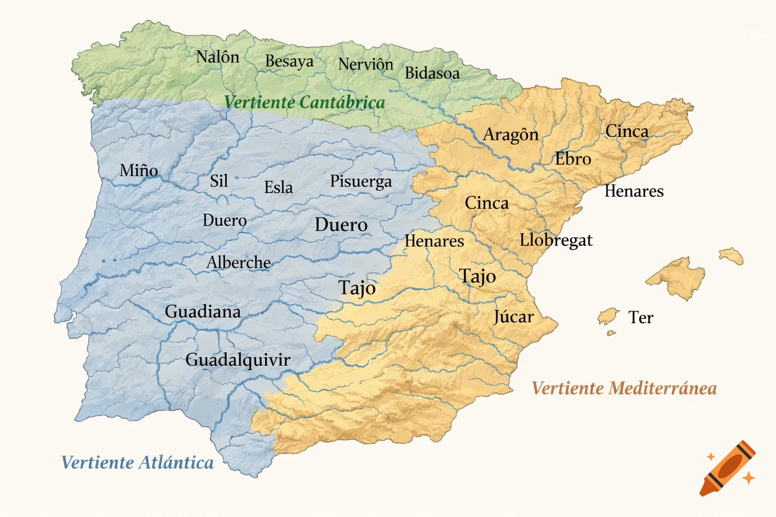 Physical map of the Iberian Peninsula showing the Cantabrian, Atlantic, and Mediterranean hydrographic basins, with labeled rivers such as Duero, Ebro, Tajo, and Guadalquivir.