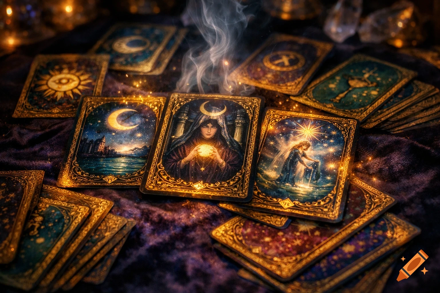 Ornate, mystical tarot cards with golden edges and glowing celestial art spread on a dark velvet cloth.