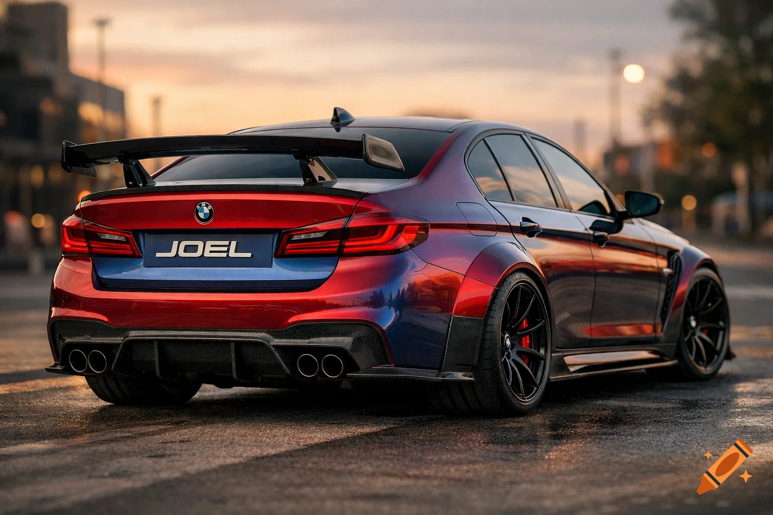 Photorealistic, tuned red and blue metallic BMW with a large spoiler and black wheels, on a wet urban street at sunset. 'JOEL' on rear.