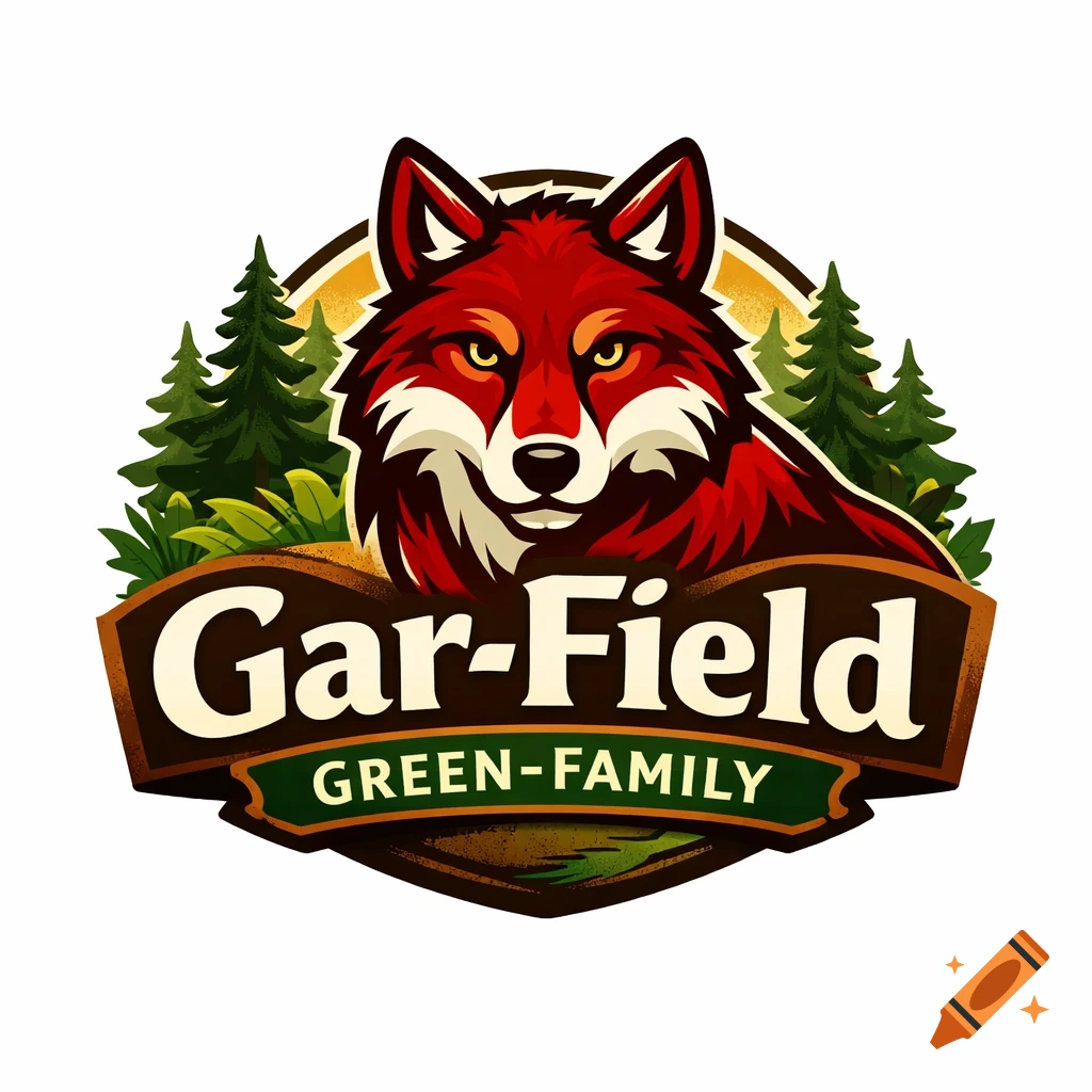 A stylized eco logo with a red wolf mascot, pine trees, and "Gar-Field GREEN-FAMILY" text.
