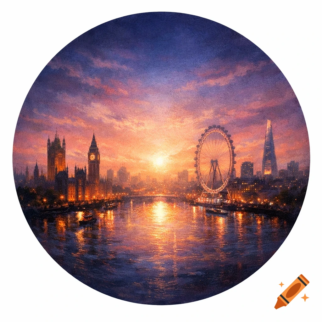 Painterly circular view of London at sunset with Big Ben, London Eye, and The Shard reflecting in the River Thames.