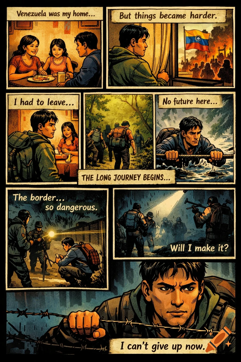 A comic strip with 8 panels depicting a man's journey fleeing Venezuela, showing his home, protests, journey through nature, crossing a dangerous border, and his determination.