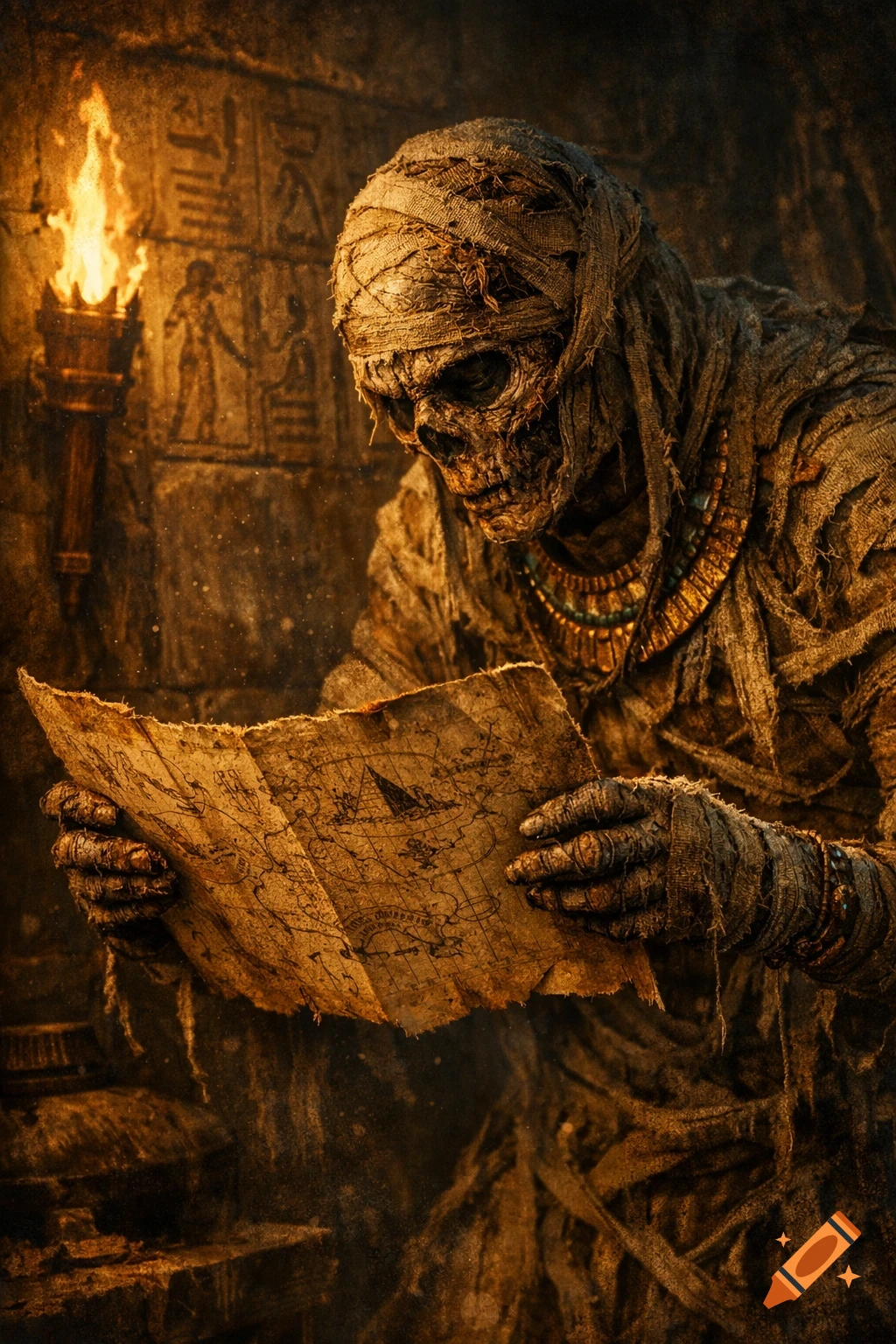 A mummy with glowing eyes in tattered wraps and a gold collar examines an old, detailed map by torchlight inside an ancient tomb with hieroglyphs on the wall.