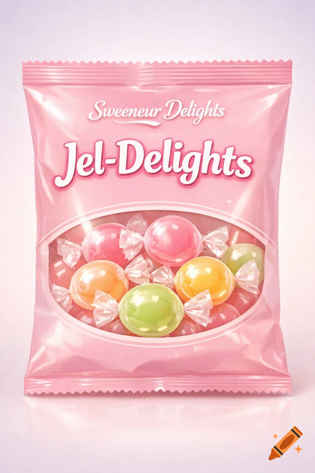 A light pink candy package labeled "Jel-Delights Sweeneur Delights" with a clear window showing colorful wrapped candies.